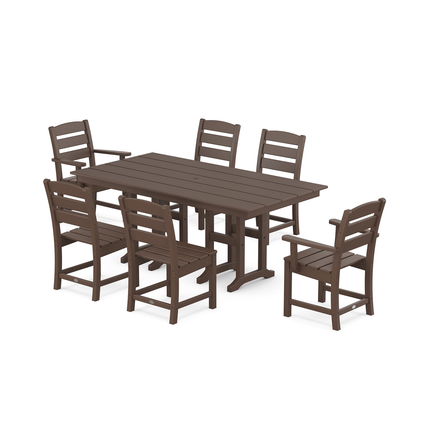 Elegant POLYWOOD Lakeside 7-Piece Dining Set featuring a stylish wooden table with matching chairs, ideal for outdoor entertaining.