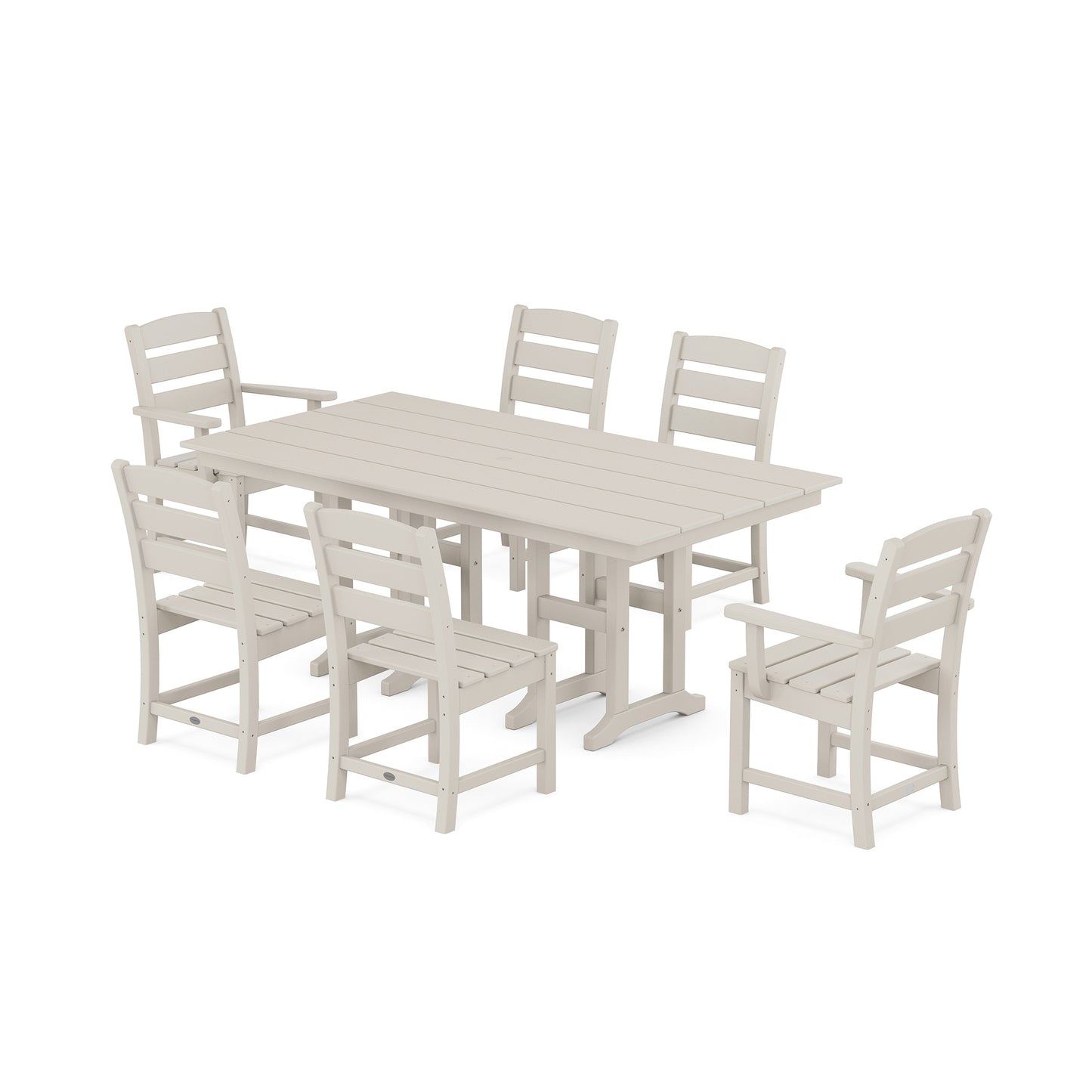 A modern POLYWOOD Lakeside 7-Piece Farmhouse Dining Set with six white chairs and a rectangular table, all made of durable material, isolated on a white background.