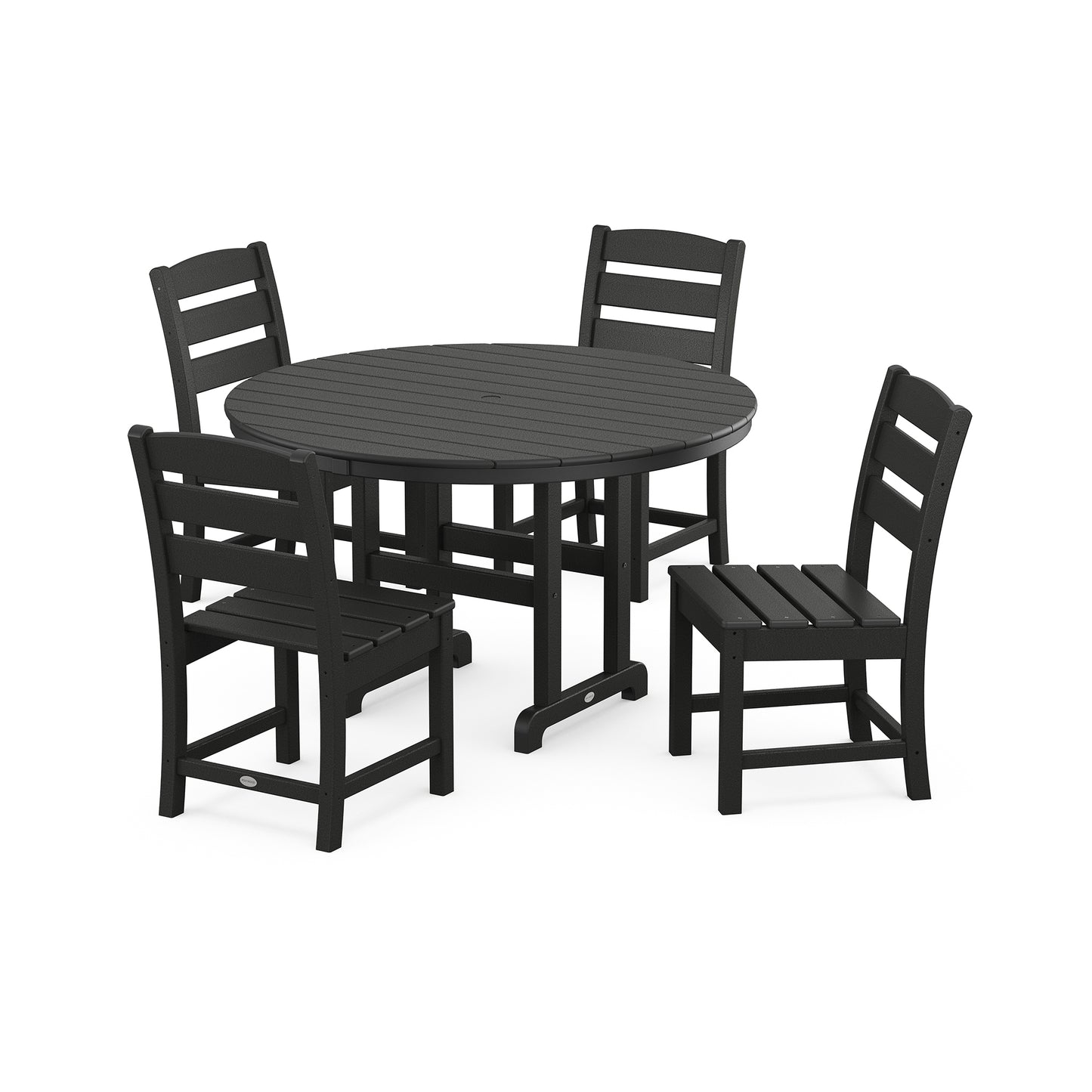 A black POLYWOOD® Lakeside 5-Piece Round Side Chair Dining Set consisting of a round table and four chairs made of synthetic materials, displayed on a white background.