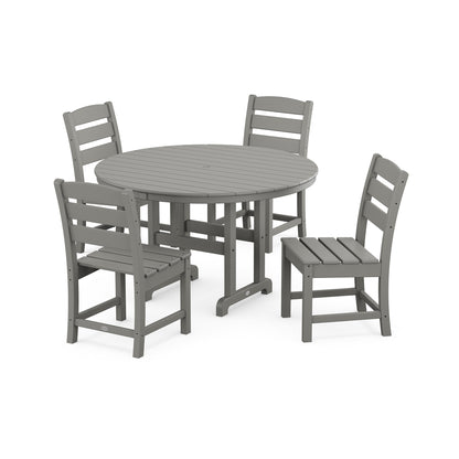 A set of modern POLYWOOD® Lakeside 5-Piece Round Side Chair Dining Set in a neutral gray color, featuring four chairs and a circular table, all made of durable, weather-resistant material, displayed on a white background.