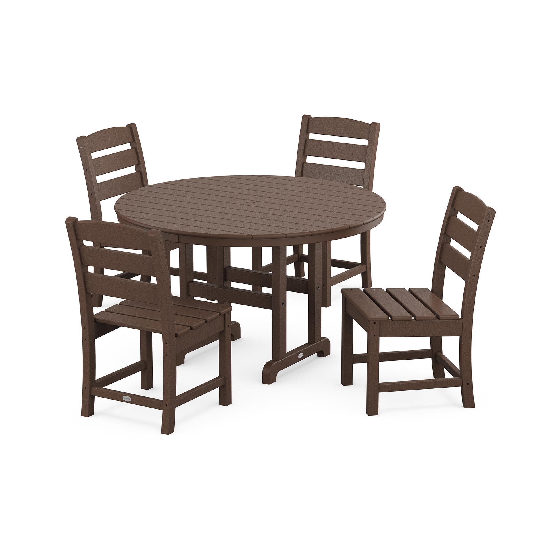 A five-piece outdoor dining set featuring a round table and four matching chairs, all in weather-resistant POLYWOOD® with a slatted design. -> A five-piece outdoor dining set featuring a round table and four matching chairs, all in weather-resistant POLYWOOD Lakeside 5-Piece Round Side Chair Dining Set.