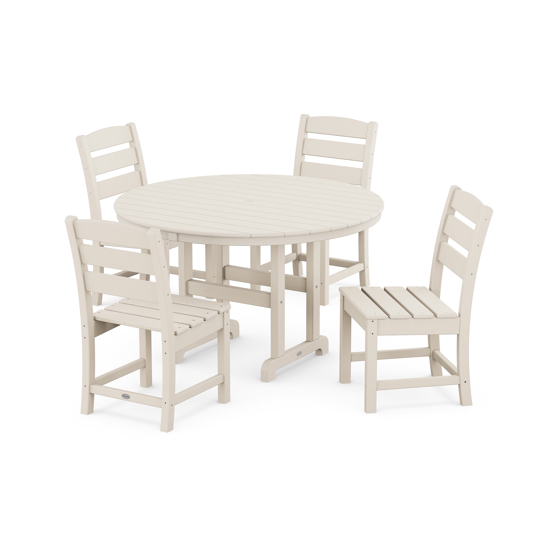 A POLYWOOD Lakeside 5-Piece Round Side Chair Dining Set with a round, white table and three matching chairs, crafted from weather-resistant POLYWOOD®. They are arranged on a plain white background, showcasing their durability and stylish design.