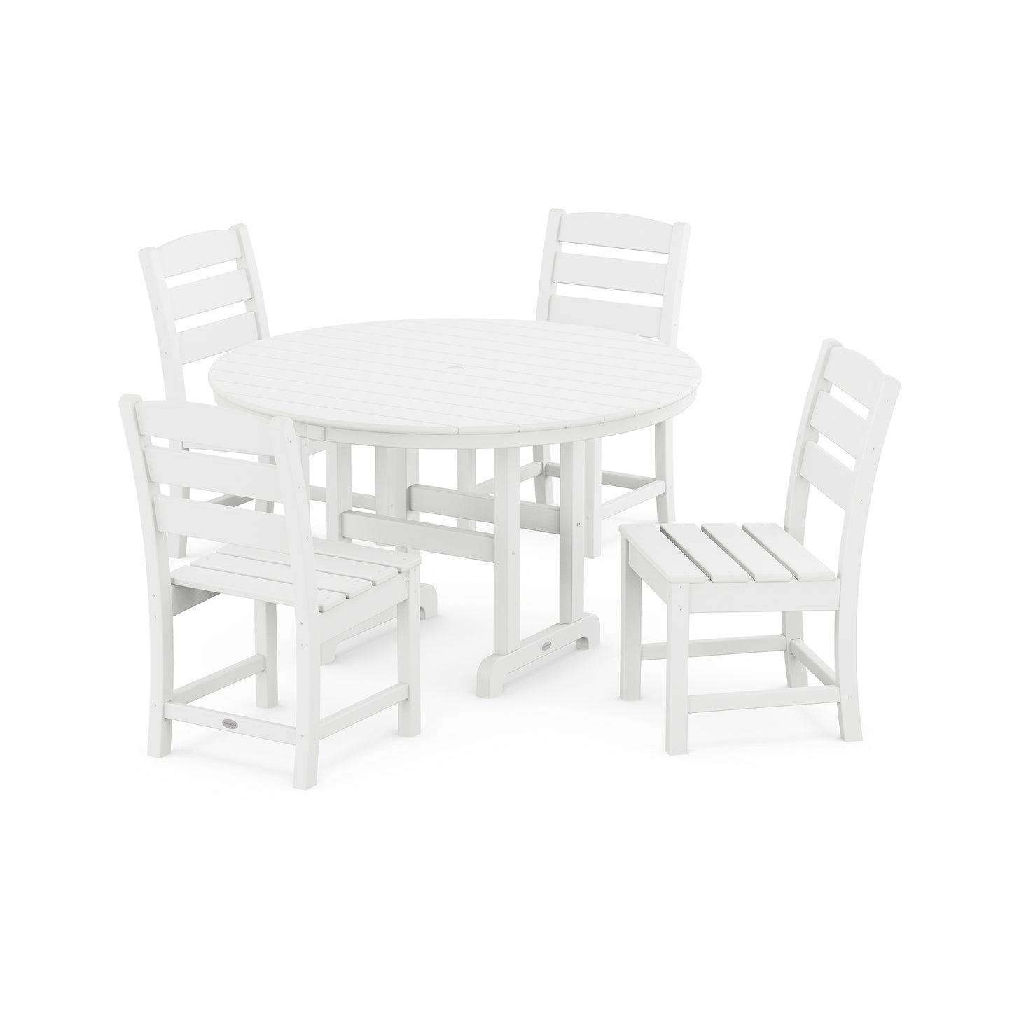 A white round outdoor dining table with four matching POLYWOOD Lakeside side chairs, all made of weather-resistant POLYWOOD® and arranged on a plain white background. The furniture set is simple and modern.