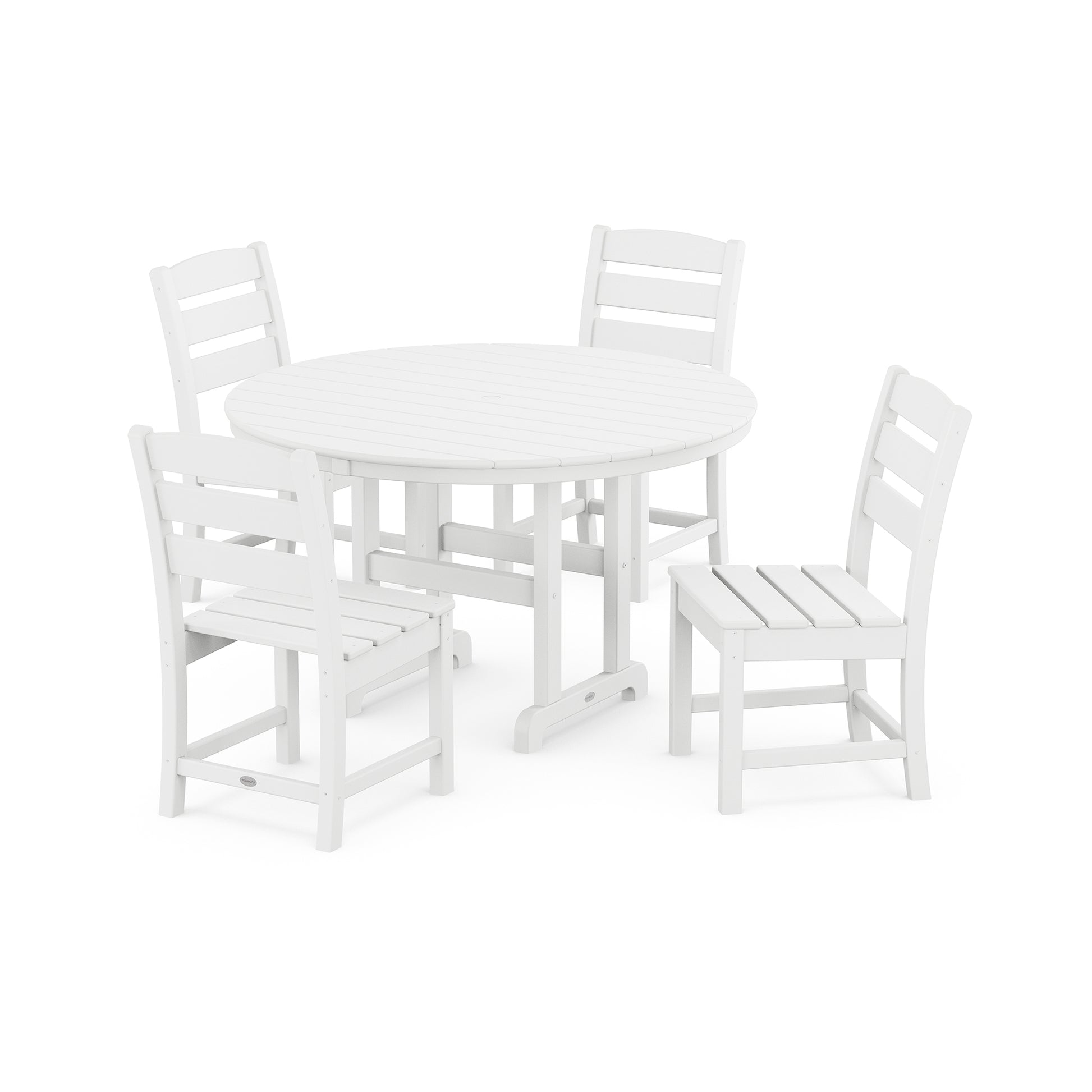 POLYWOOD Lakeside 5-Piece outdoor dining set featuring a round table and four white slatted wooden chairs.