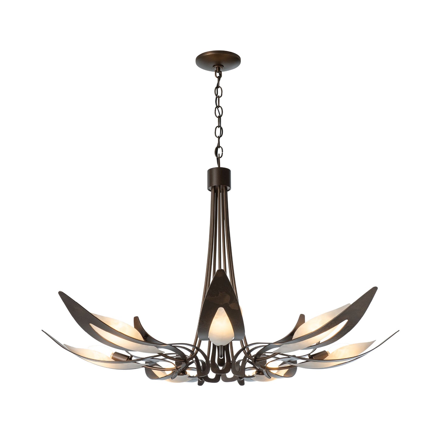Parasol 7-Light Chandelier by Hubbardton Forge with hand-forged steel arms, stylized leaf lights, and a bronze finish, showcasing elegant American craftsmanship.