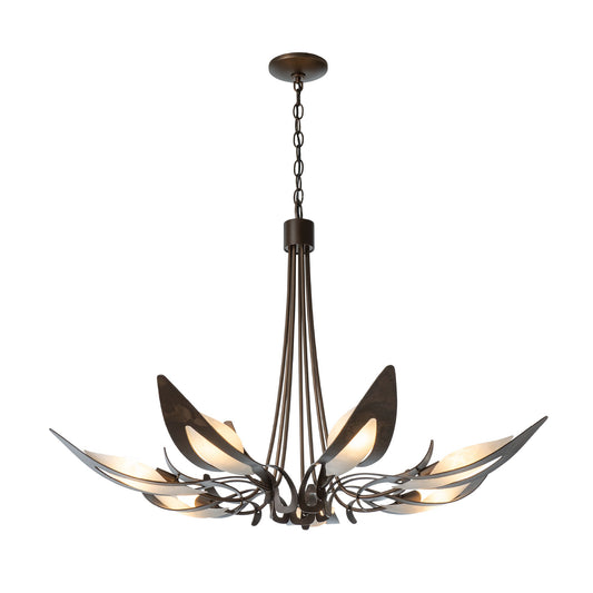 Hubbardton Forge Parasol 7-Light Chandelier with hand-forged steel arms and leaf-shaped glass shades, showcasing artisanal American craftsmanship.