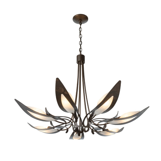 Parasol 7-Light Chandelier by Hubbardton Forge with bronze, hand-forged steel frame and slumped art glass leaves in a circular arrangement.