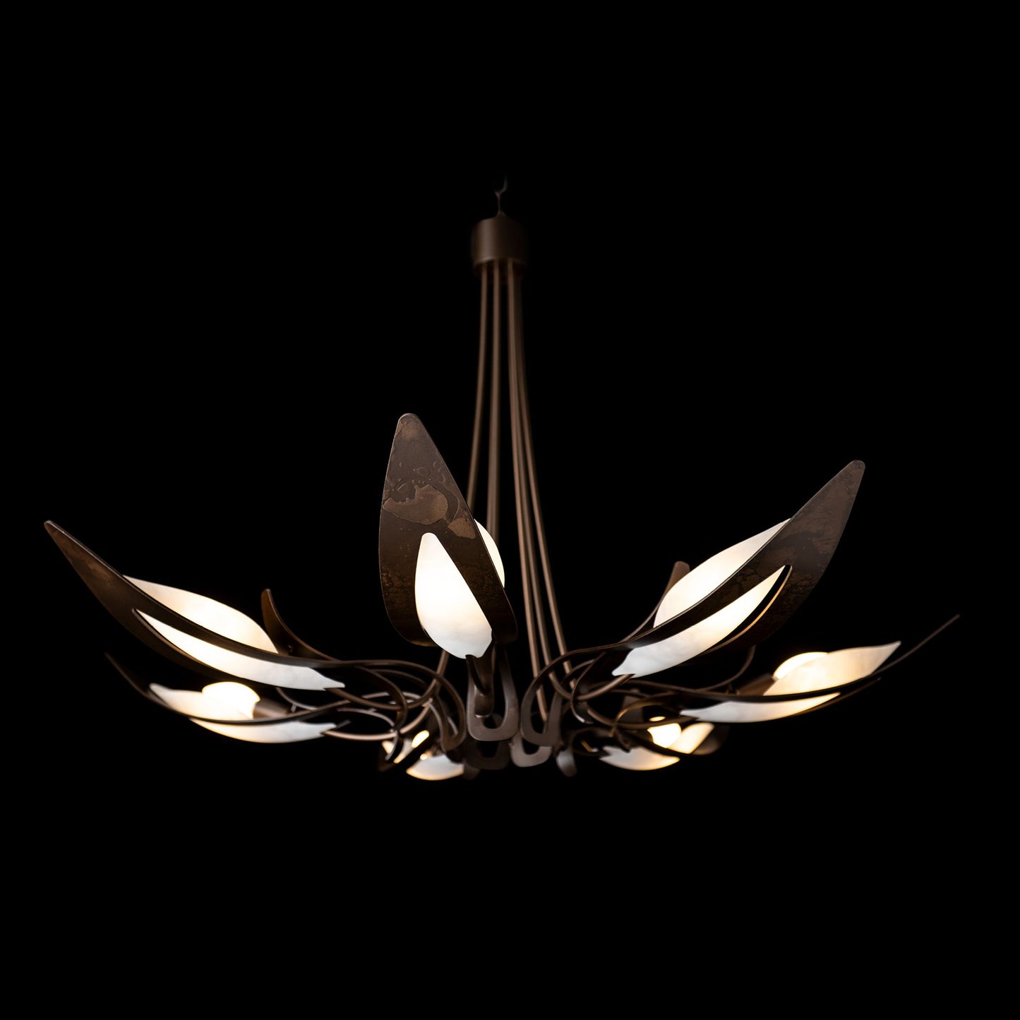 Parasol 7-Light Chandelier by Hubbardton Forge with hand-forged steel arms and elegant glass lights, showcasing artisan craftsmanship.