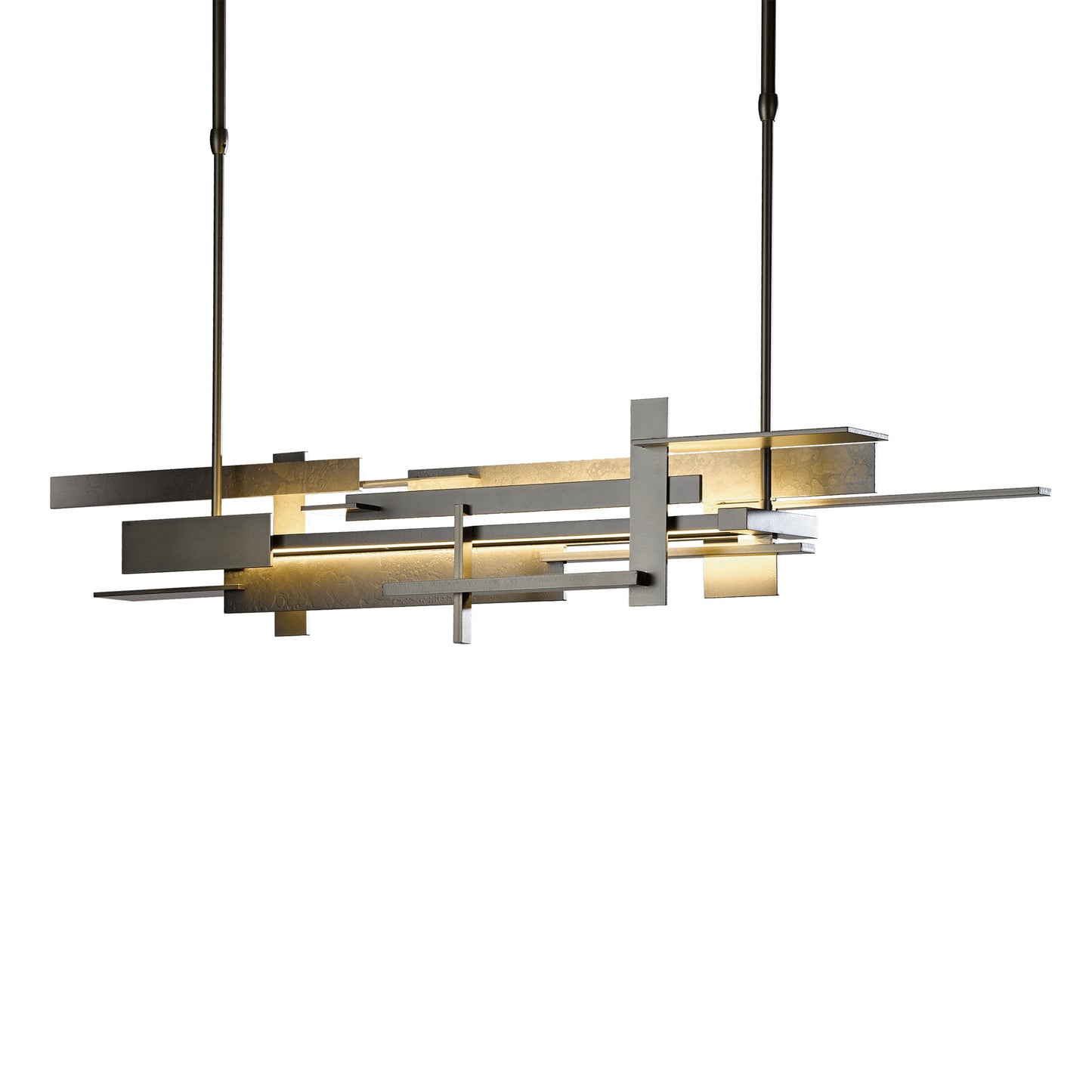 Modern chandelier with overlapping black and gold metal panels crafted by Hubbardton Forge, featuring intricate handcrafted lighting elements.
