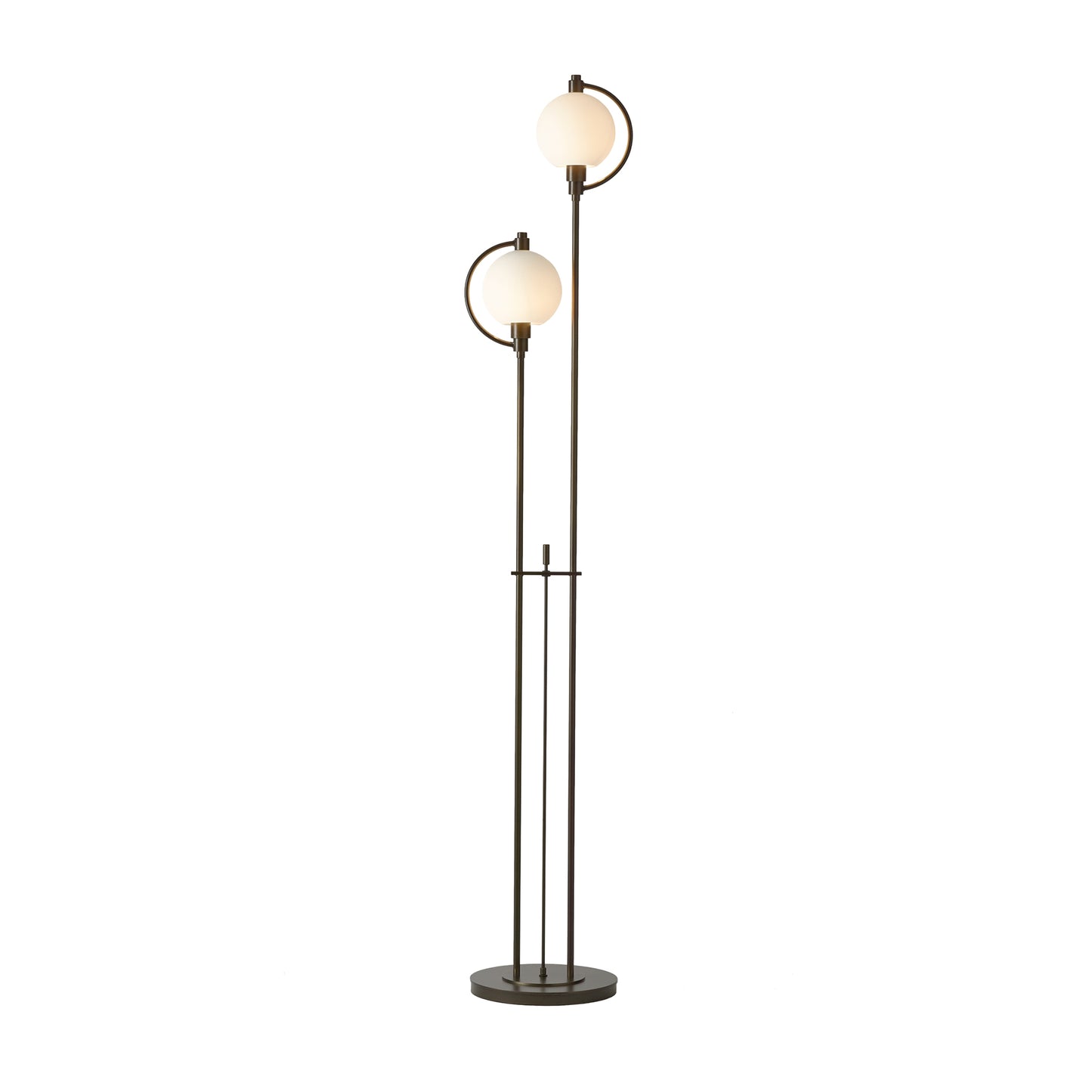 Pluto Floor Lamp by Hubbardton Forge showcasing spherical white shades atop elegant slender poles on a circular base, emphasizing handcrafted artistry.
