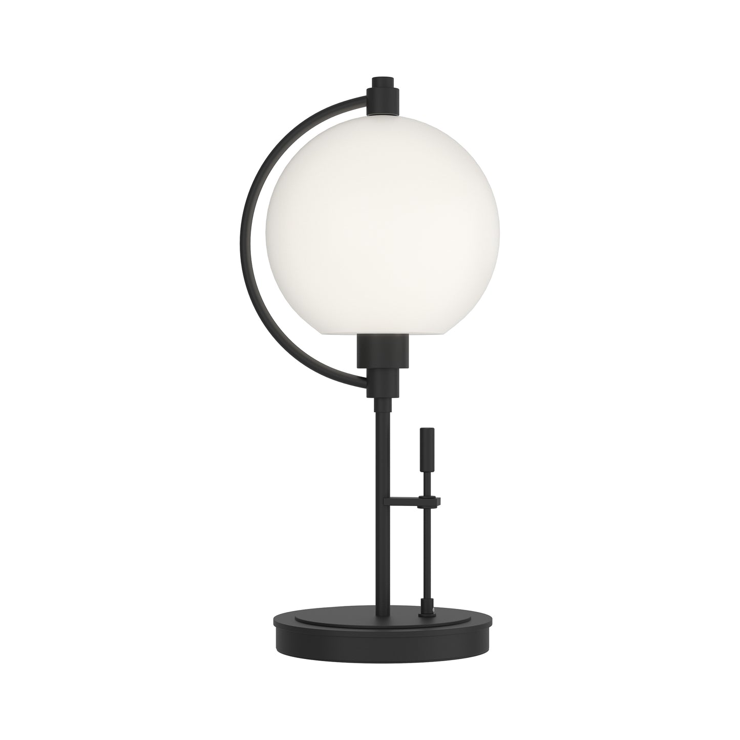 Pluto Table Lamp by Hubbardton Forge with a round white glass shade and sleek black metal frame, showcasing minimalist modern design.