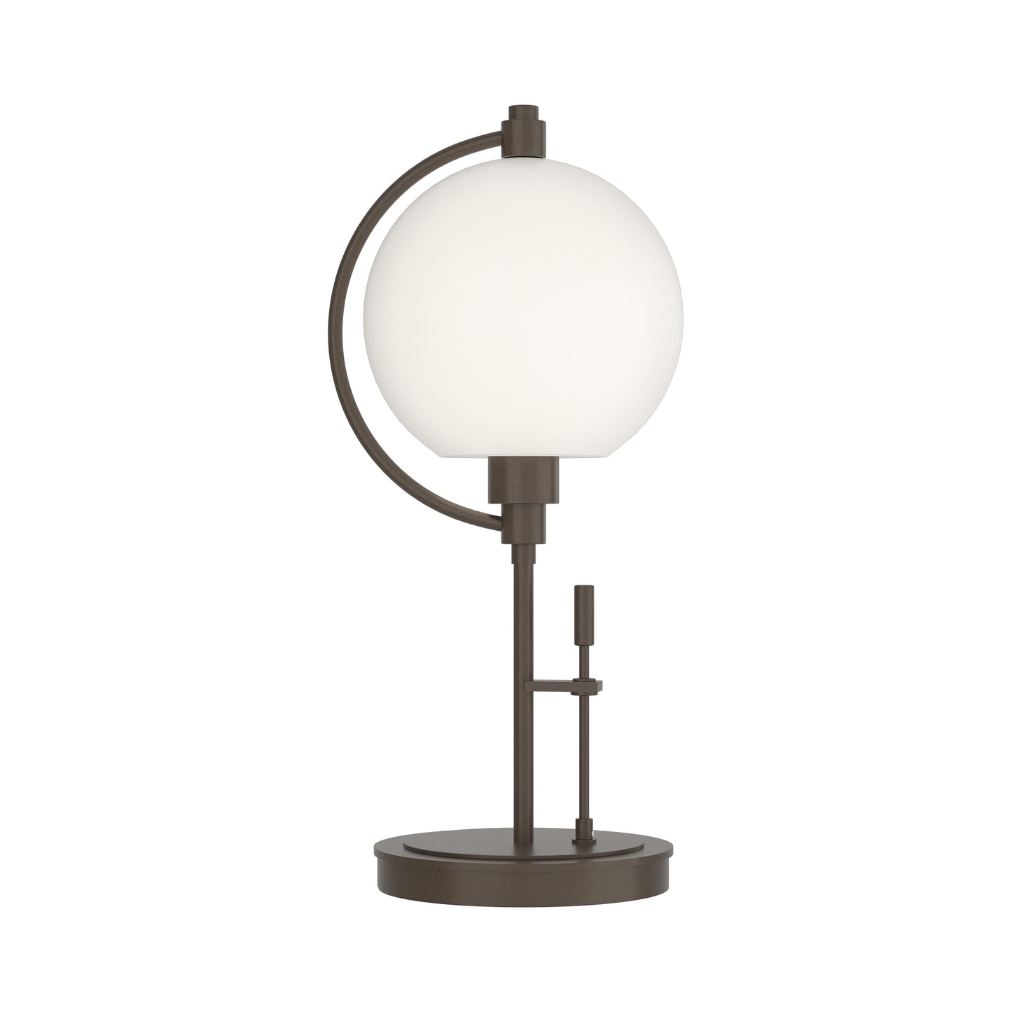 Pluto Table Lamp by Hubbardton Forge featuring a round white glass shade atop a dark metal base and frame, showcasing elegant, modern craftsmanship.