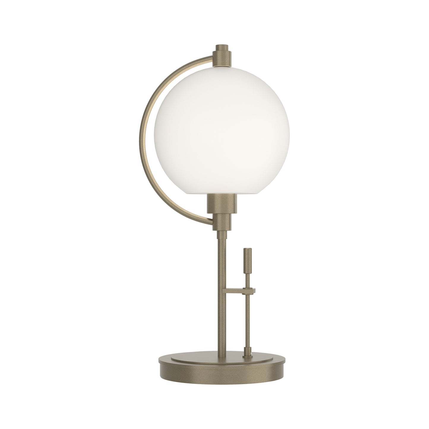 Hubbardton Forge Pluto Table Lamp featuring a round white glass shade, brass base, and sleek circular metal support.