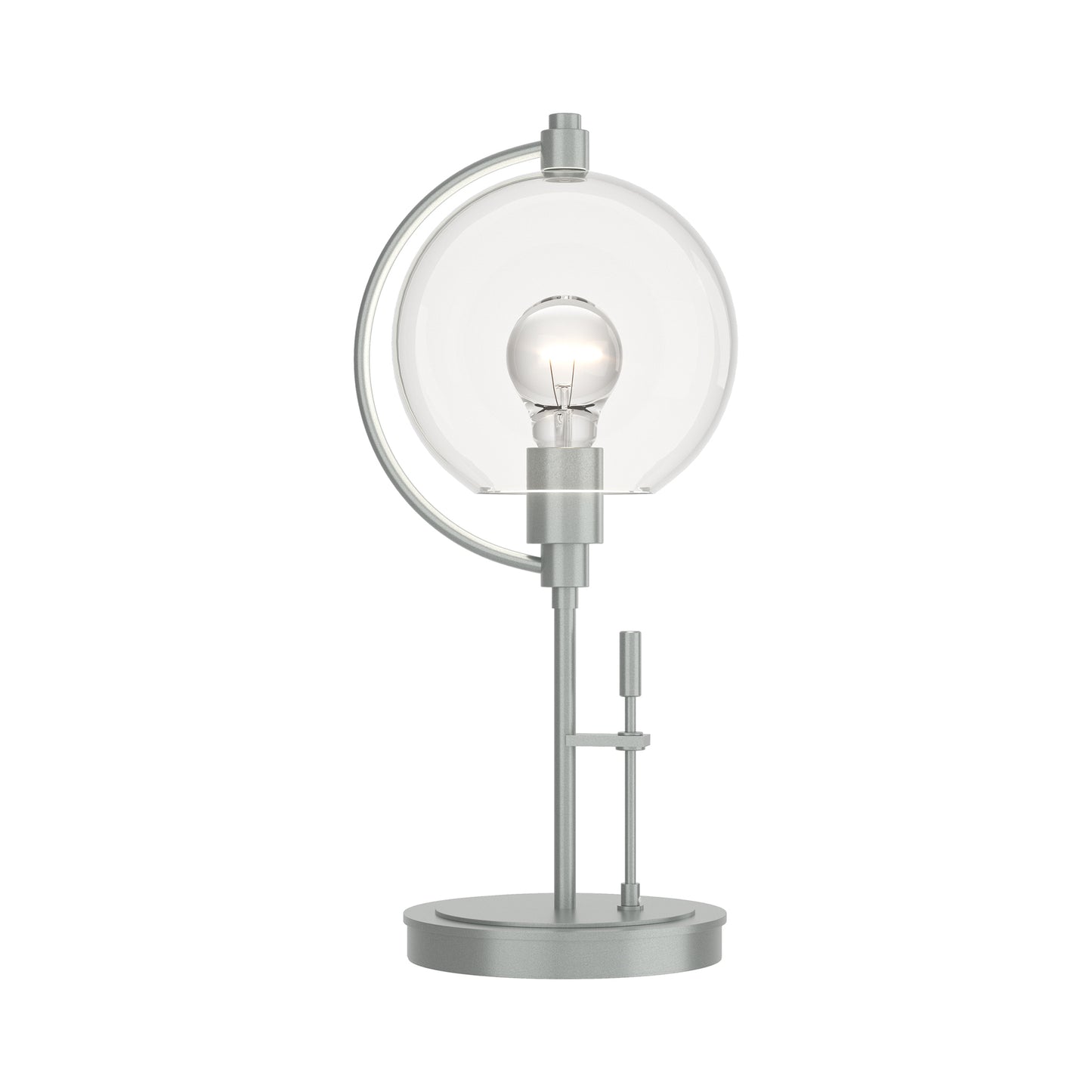 Pluto Table Lamp by Hubbardton Forge with silver handcrafted base, glass globe, and exposed bulb, showcasing modern Vermont-made craftsmanship.
