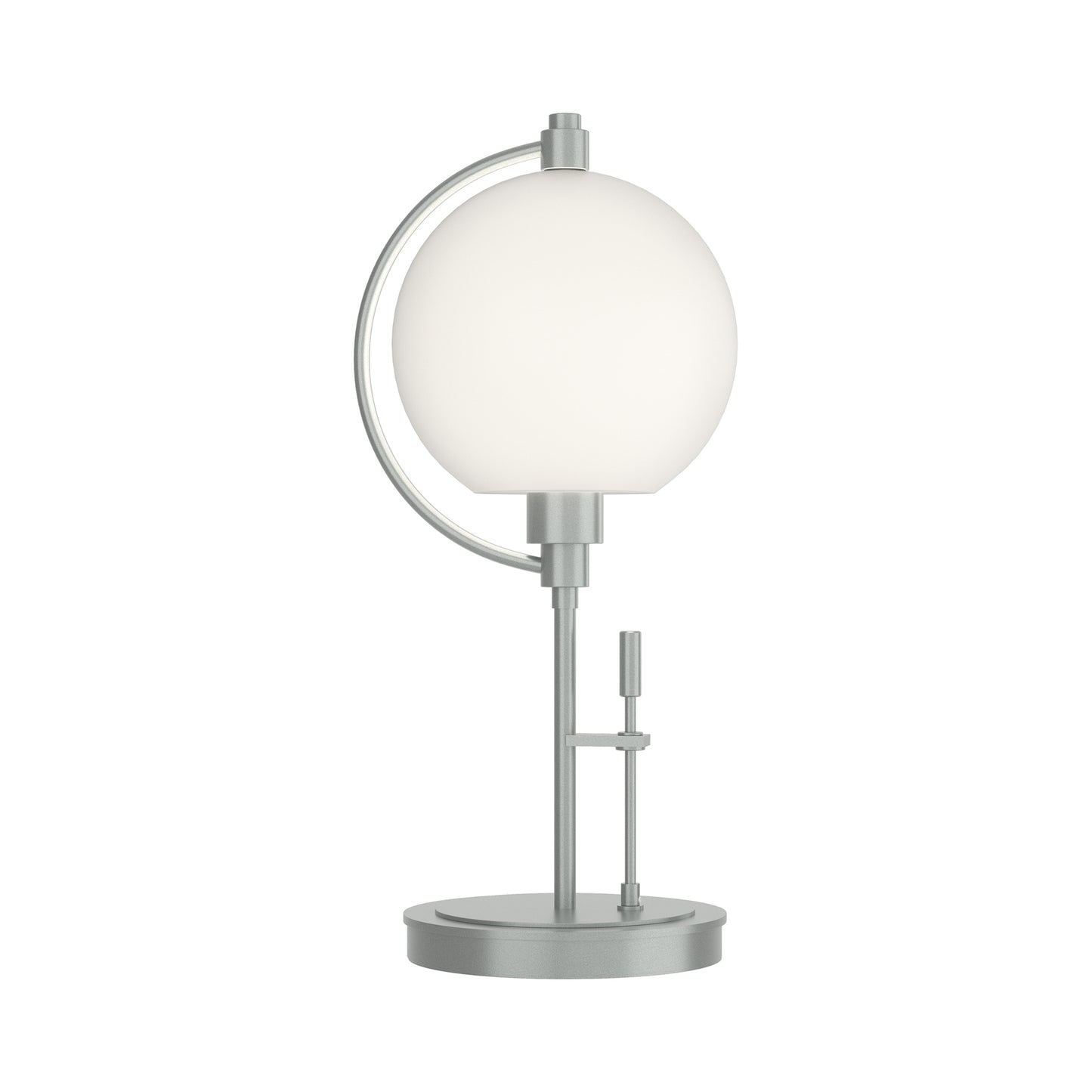 Pluto Table Lamp by Hubbardton Forge with a spherical white glass shade and sleek metallic base, showcasing minimalist American-made craftsmanship.