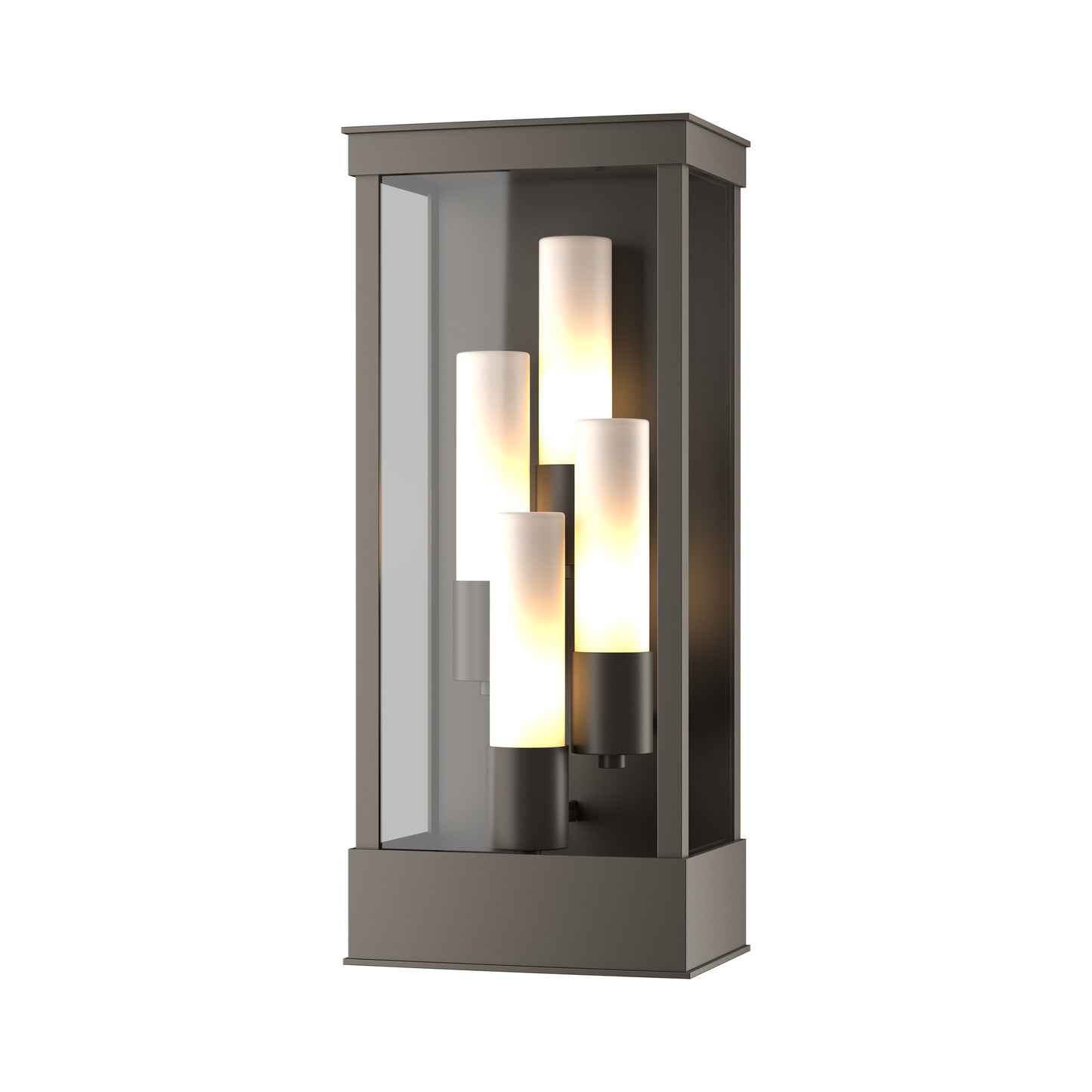 Hubbardton Forge Portico Large Outdoor Sconce with a Coastal Dark Smoke frame and four frosted glass lights at different heights, highlighting its modern design.