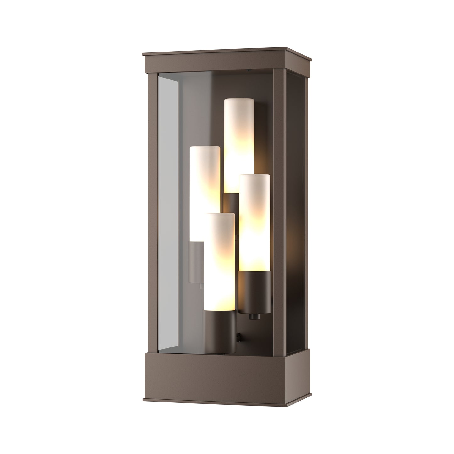 Portico Large Outdoor Sconce by Hubbardton Forge, featuring a Coastal Dark Smoke finish and four frosted glass bulbs, elegantly crafted for outdoor use.