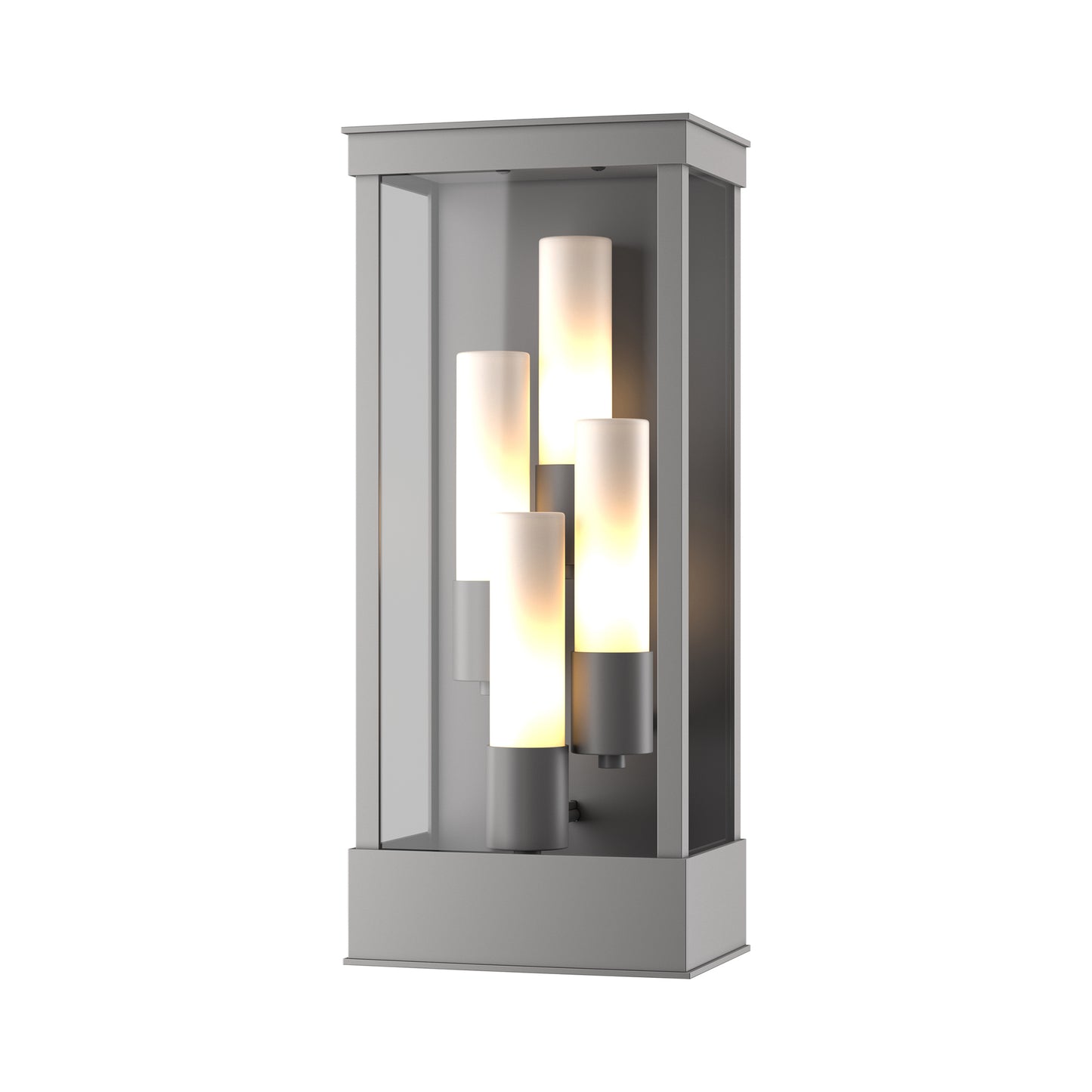 Hubbardton Forge Portico Large Outdoor Sconce with a rectangular dark metal frame and four frosted glass lights, showcasing elegant American-made craftsmanship.