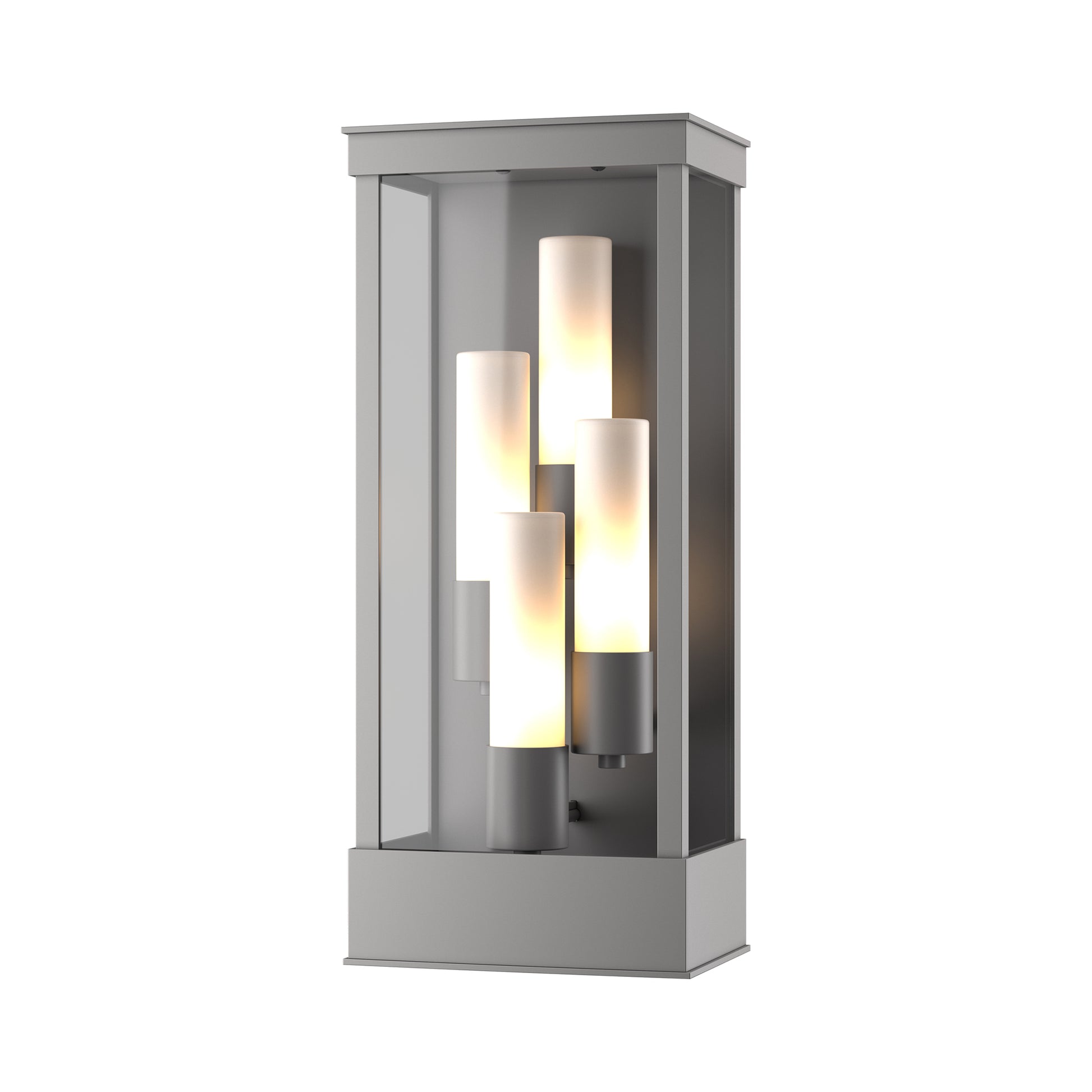 Hubbardton Forge Portico Large Outdoor Sconce with a rectangular dark metal frame and four frosted glass lights, showcasing elegant American-made craftsmanship.