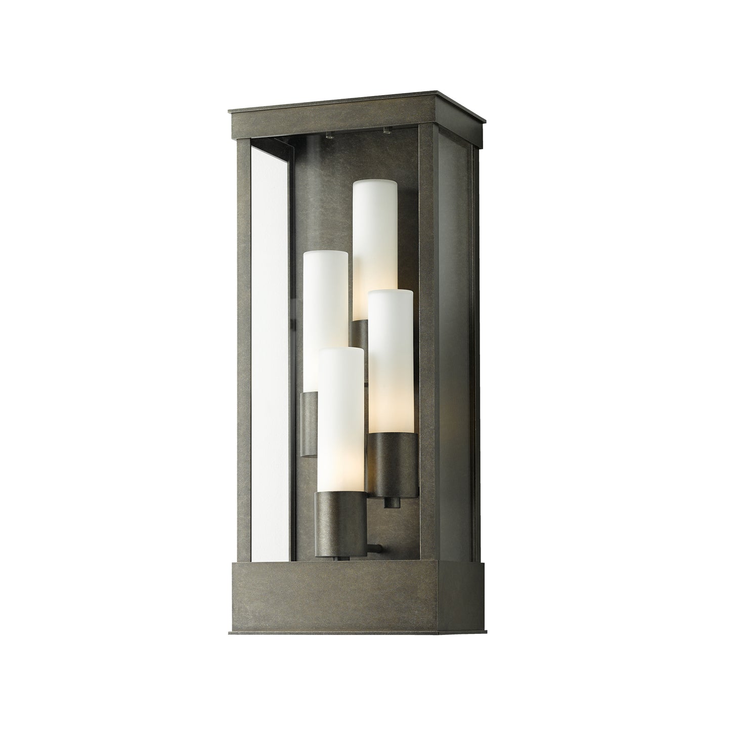 Hubbardton Forge Portico Large Outdoor Sconce with three frosted glass shades and a sleek metallic frame in Coastal Dark Smoke finish.