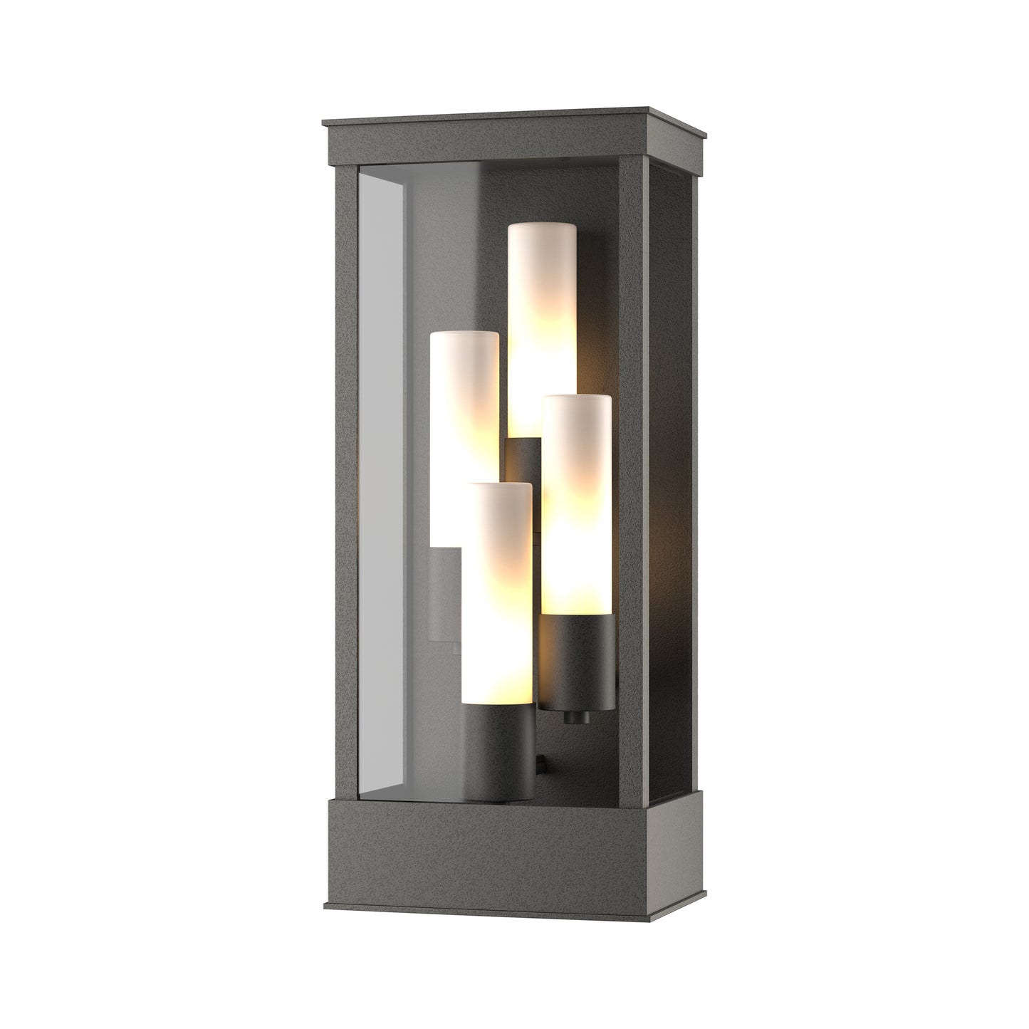 Portico Large Outdoor Sconce with four frosted glass shades in a modern black metal frame, handcrafted by Hubbardton Forge.