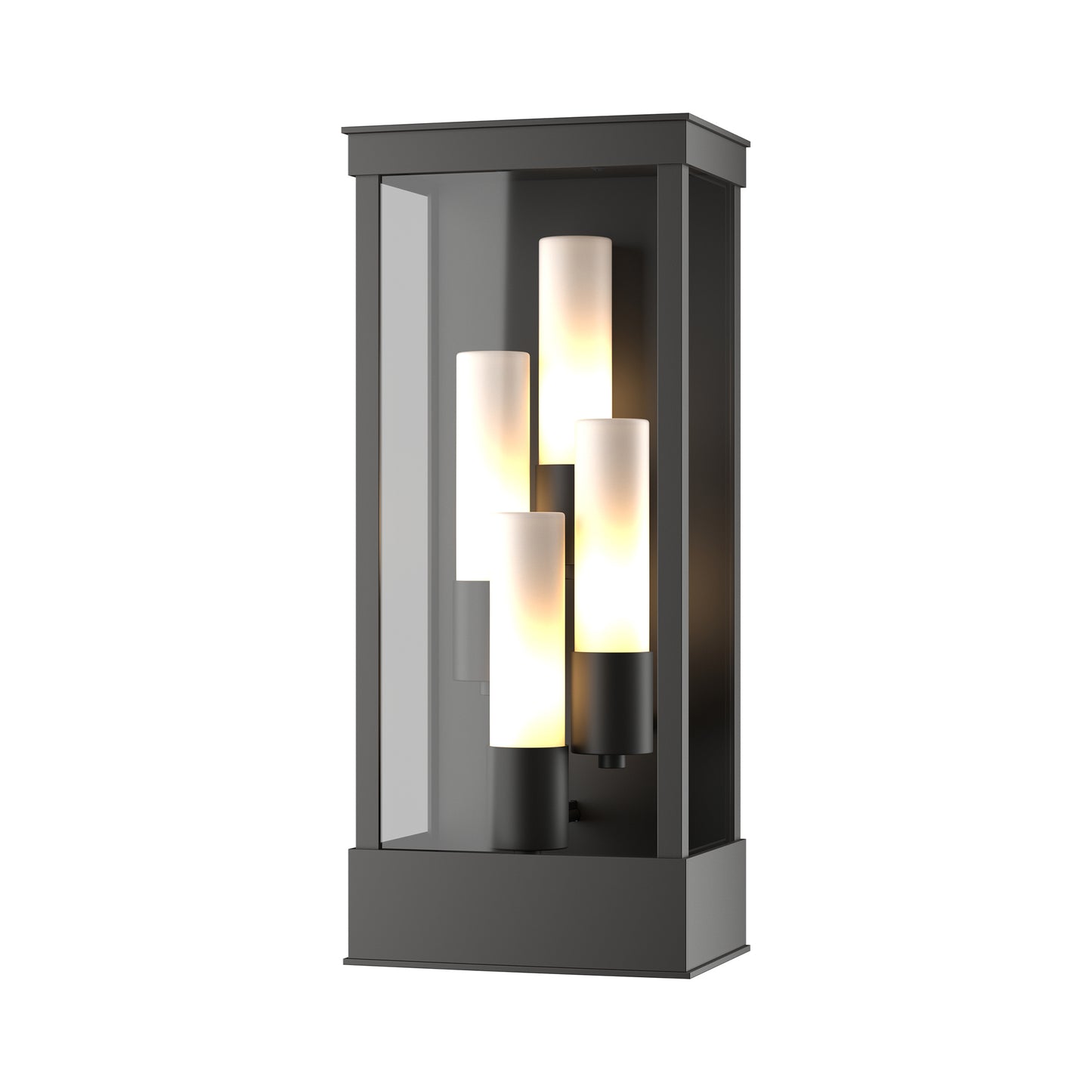 Hubbardton Forge Portico Large Outdoor Sconce in Coastal Dark Smoke with glass front and four cylindrical bulbs, showcasing elegant, handcrafted American lighting design.