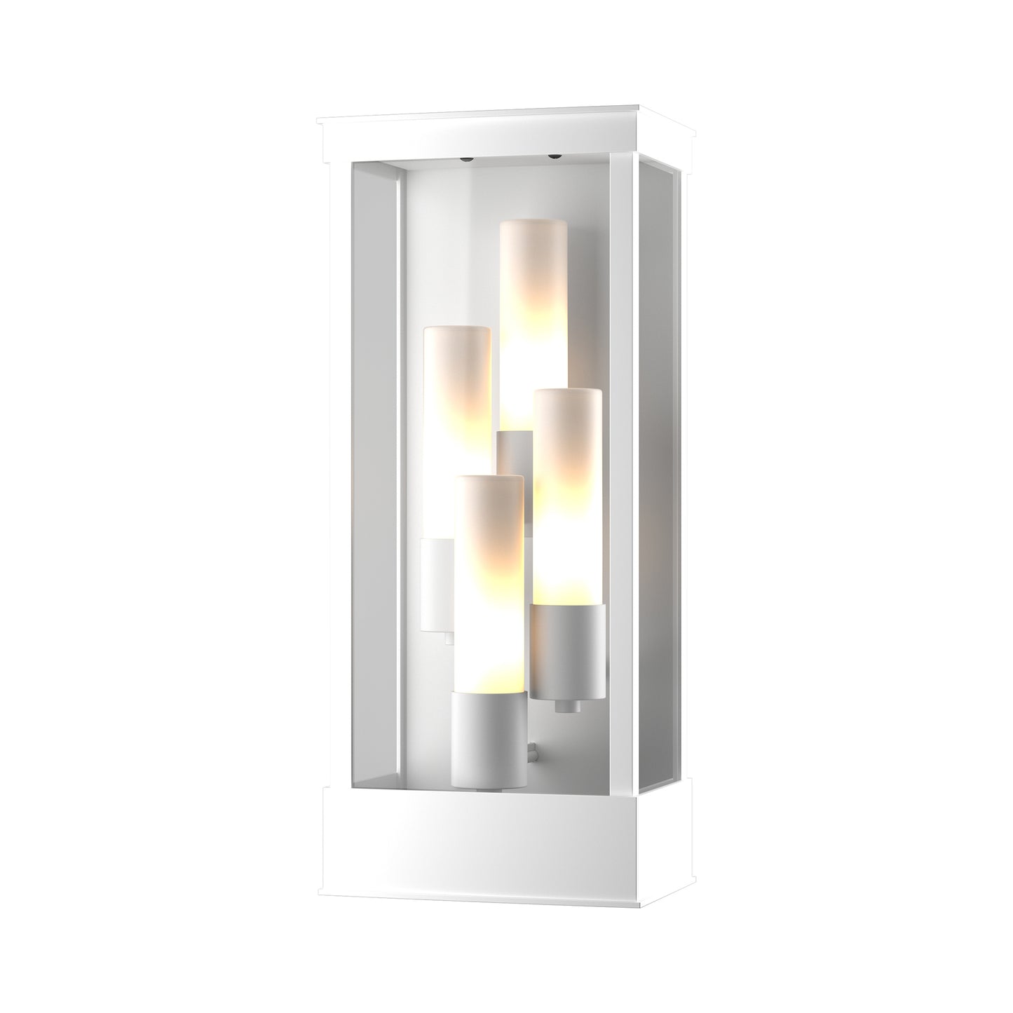 Hubbardton Forge Portico Large Outdoor Sconce with four frosted glass shades in a handcrafted white design, emphasizing its elegant, high-quality craftsmanship.