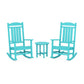 Two teal POLYWOOD Presidential 3-Piece Rocker Sets facing each other with a small matching round table between them, all set on a plain white background.