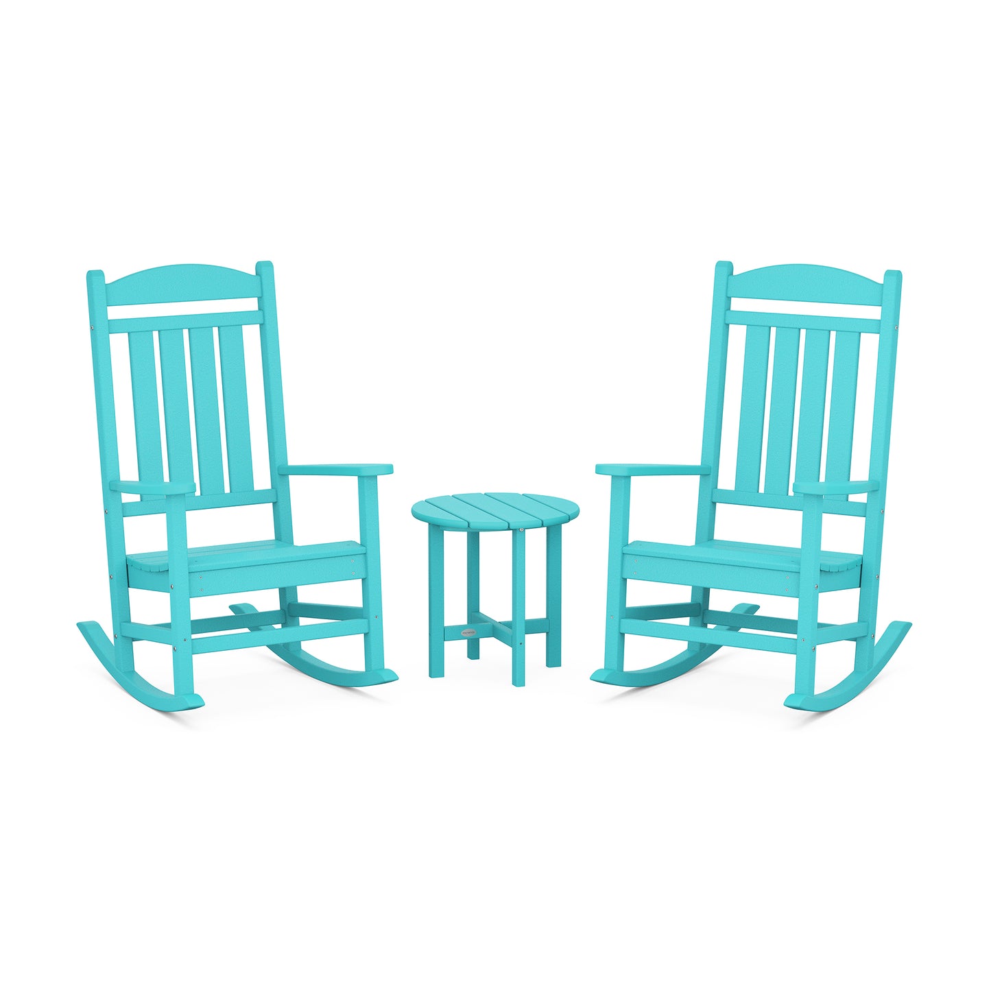 Two teal POLYWOOD Presidential 3-Piece Rocker Sets facing each other with a small matching round table between them, all set on a plain white background.