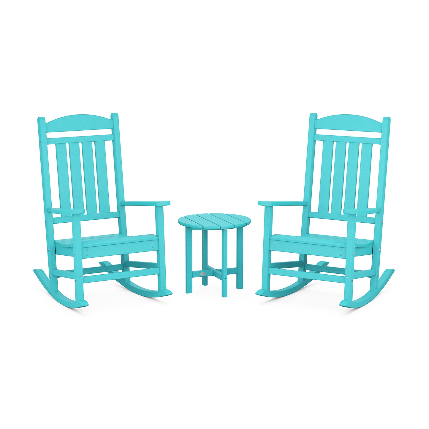 Turquoise POLYWOOD rocking chairs with a small round table in the Presidential 3-Piece Rocker Set.