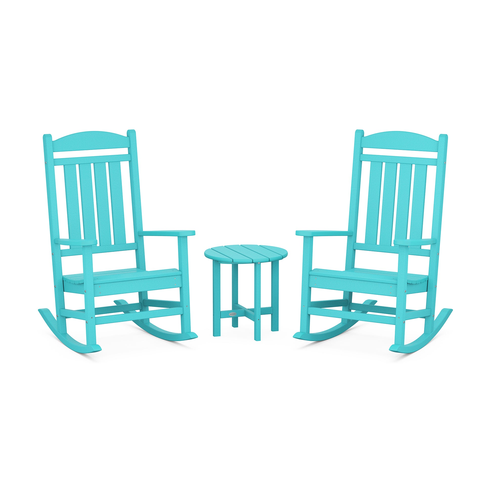 Turquoise POLYWOOD rocking chairs with a small round table in the Presidential 3-Piece Rocker Set.