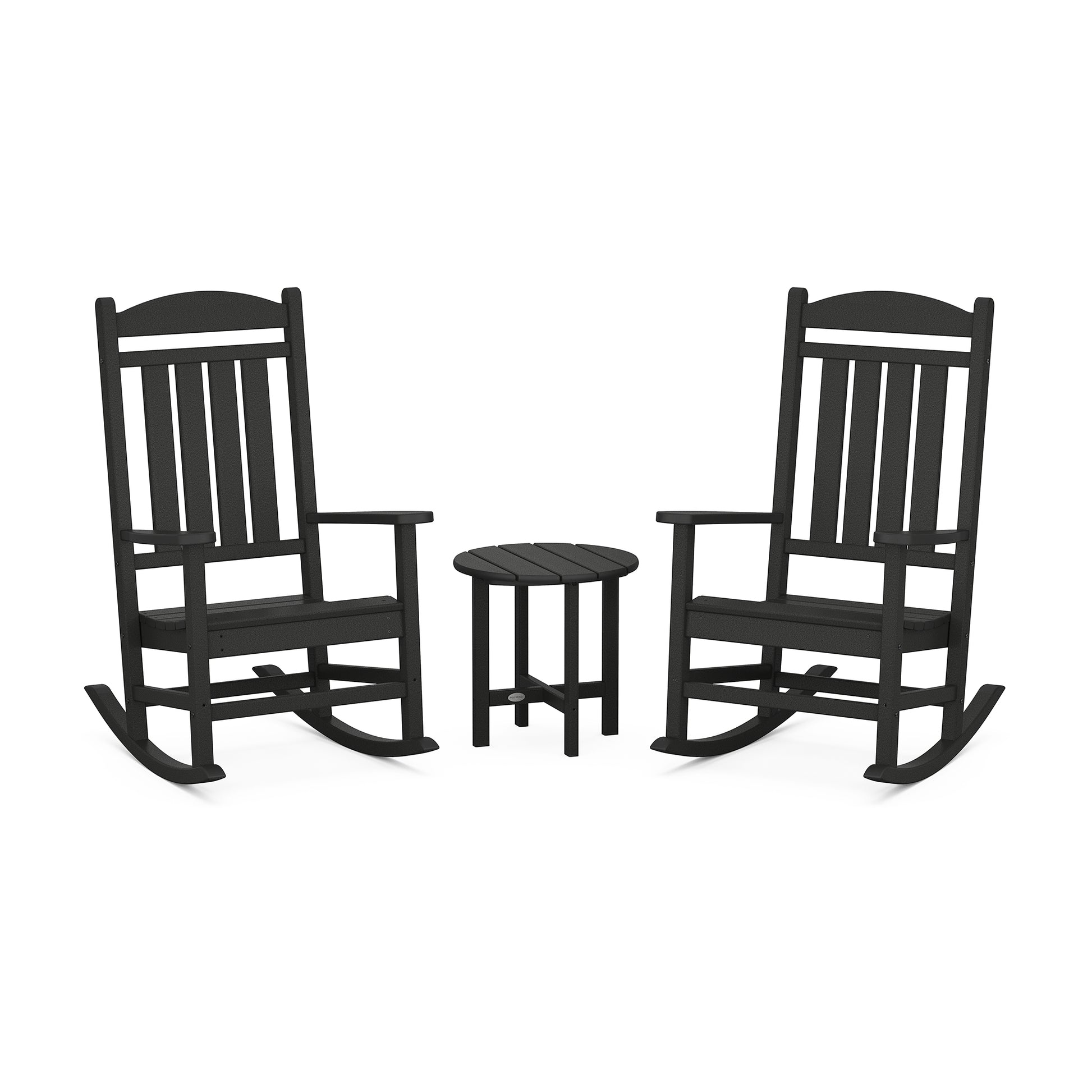 Two black POLYWOOD Presidential 3-Piece Rocker Sets and a small round stool positioned between them on a white background. The chairs face each other, suggesting a conversational setting.