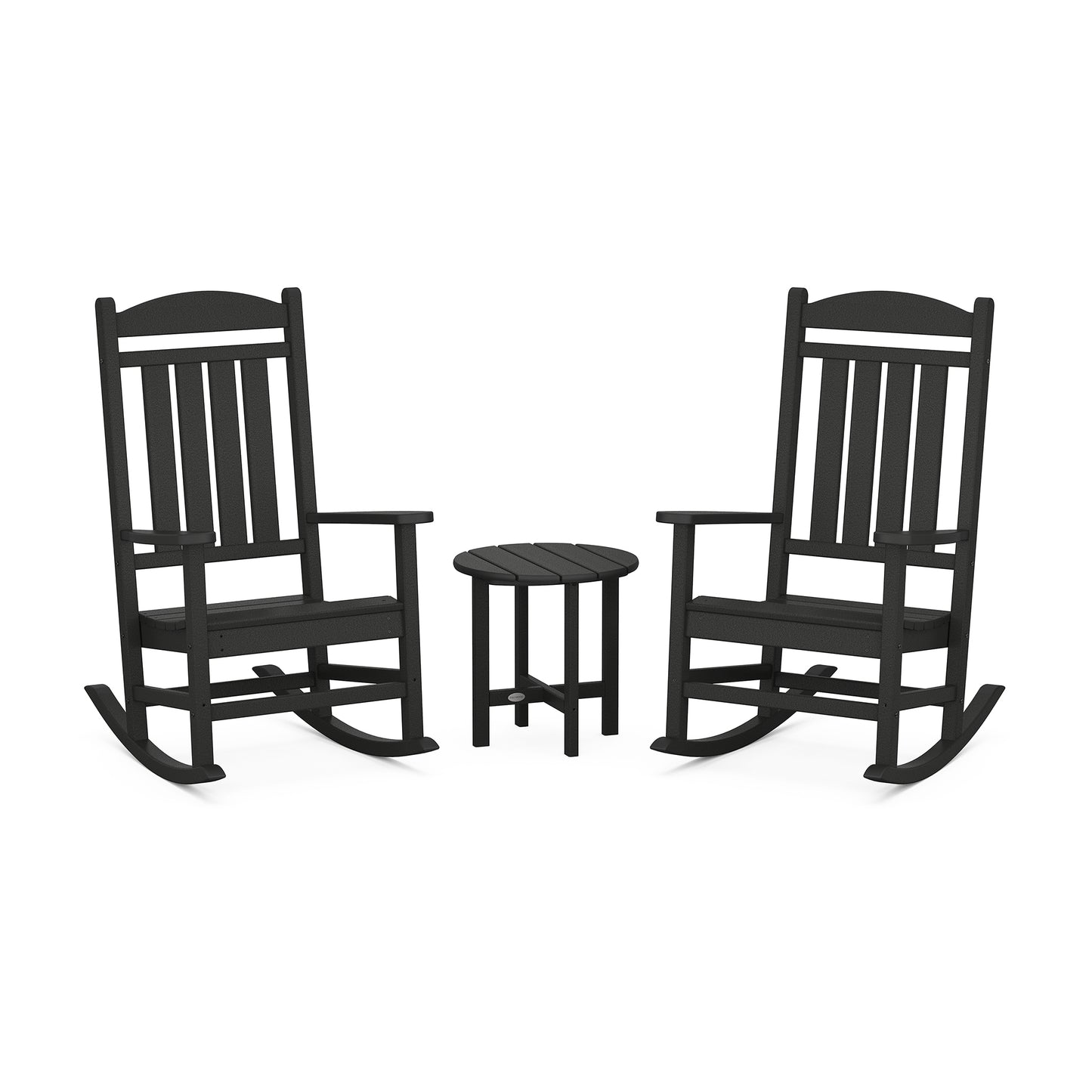 Black POLYWOOD Presidential 3-Piece Rocker Set featuring two rocking chairs and a small round table.