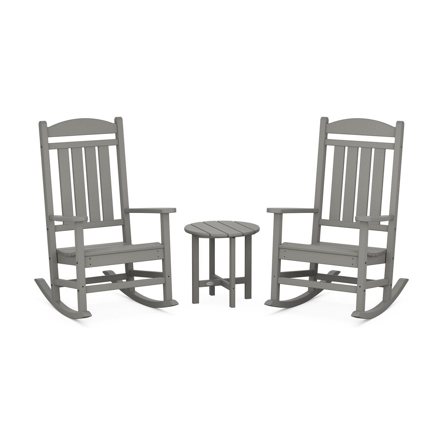 Two gray POLYWOOD Presidential 3-Piece Rocker Sets facing each other with a small matching side table in between, set against a white background.