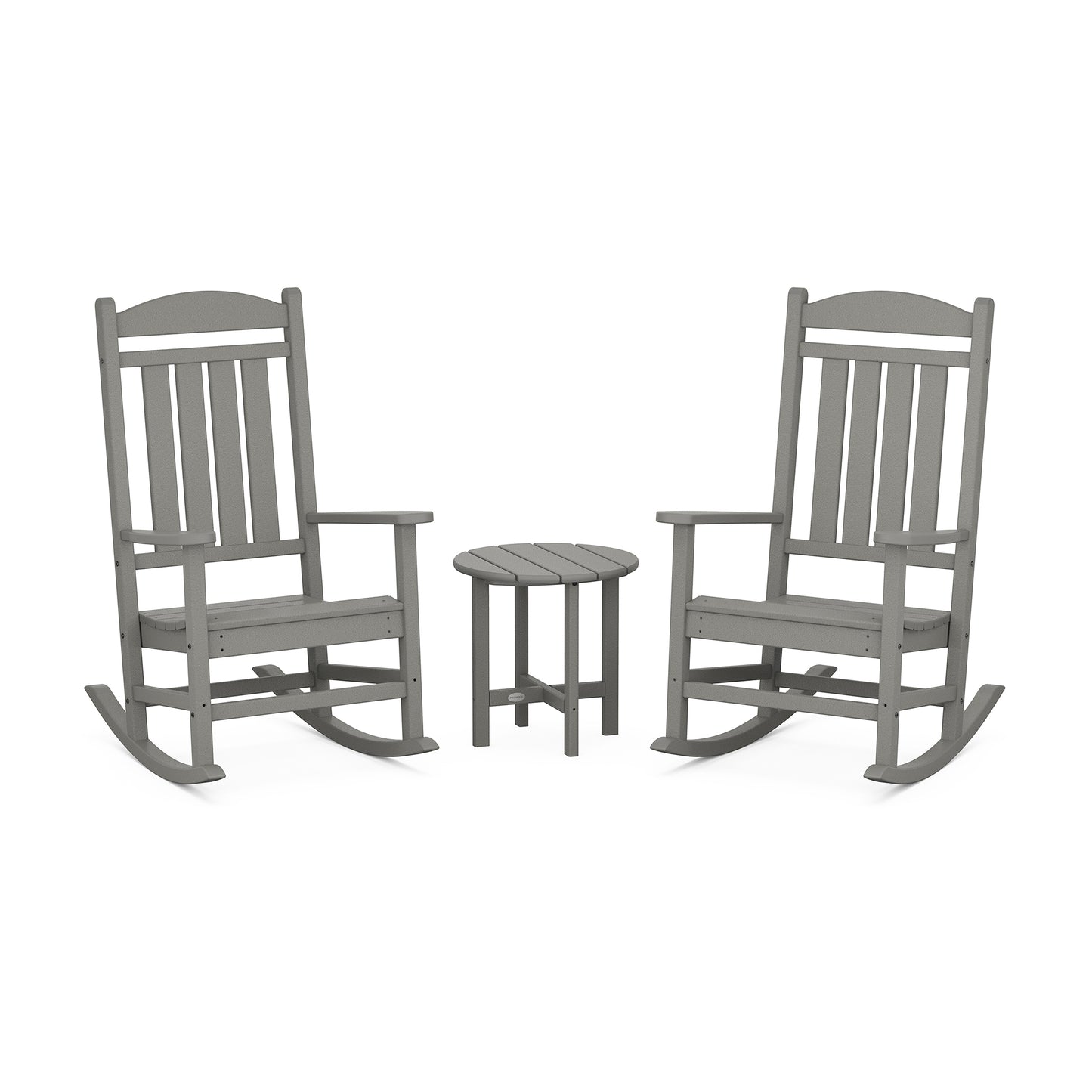 Gray POLYWOOD Presidential 3-Piece Rocker Set with two facing chairs and a matching table.