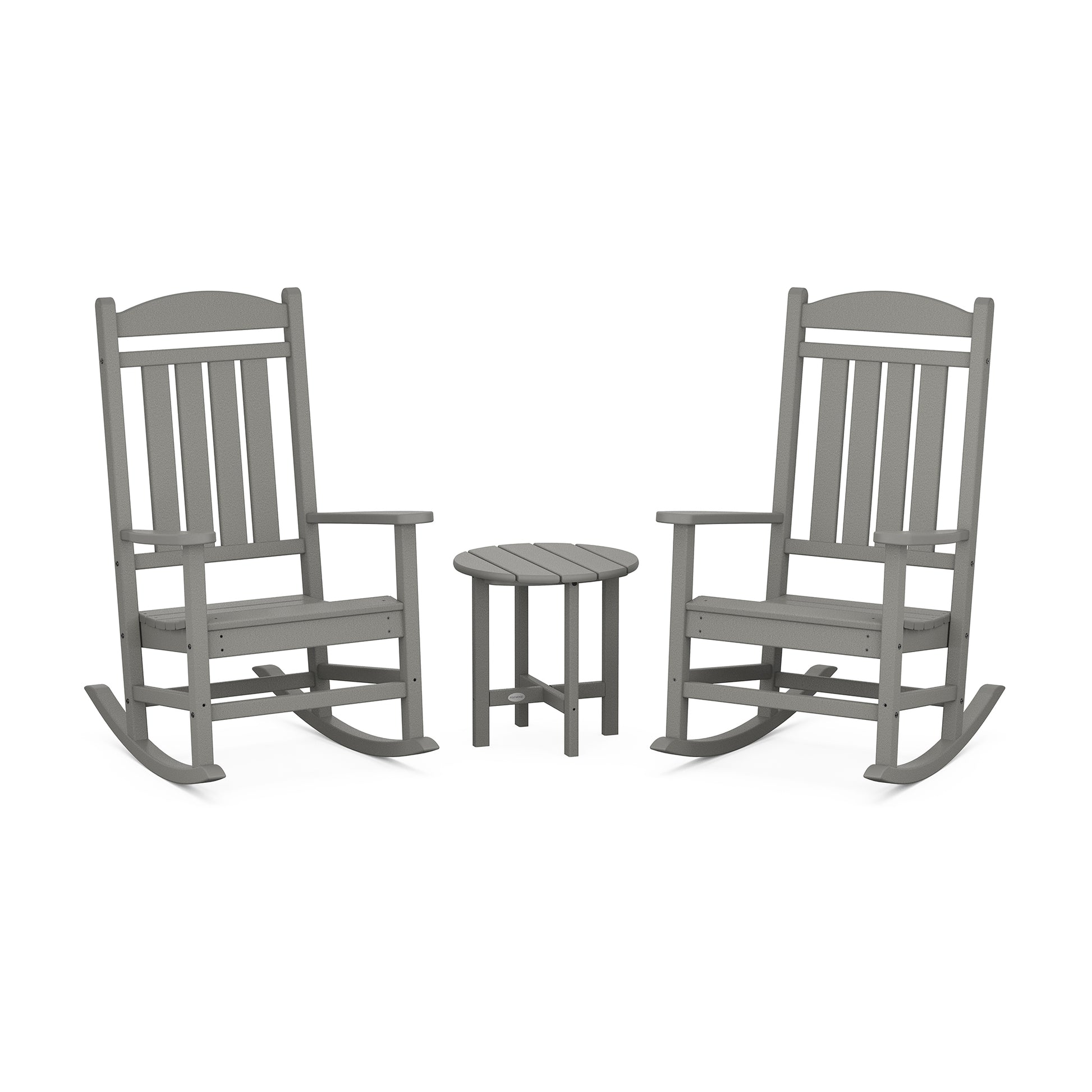 Gray POLYWOOD Presidential 3-Piece Rocker Set with two facing chairs and a matching table.