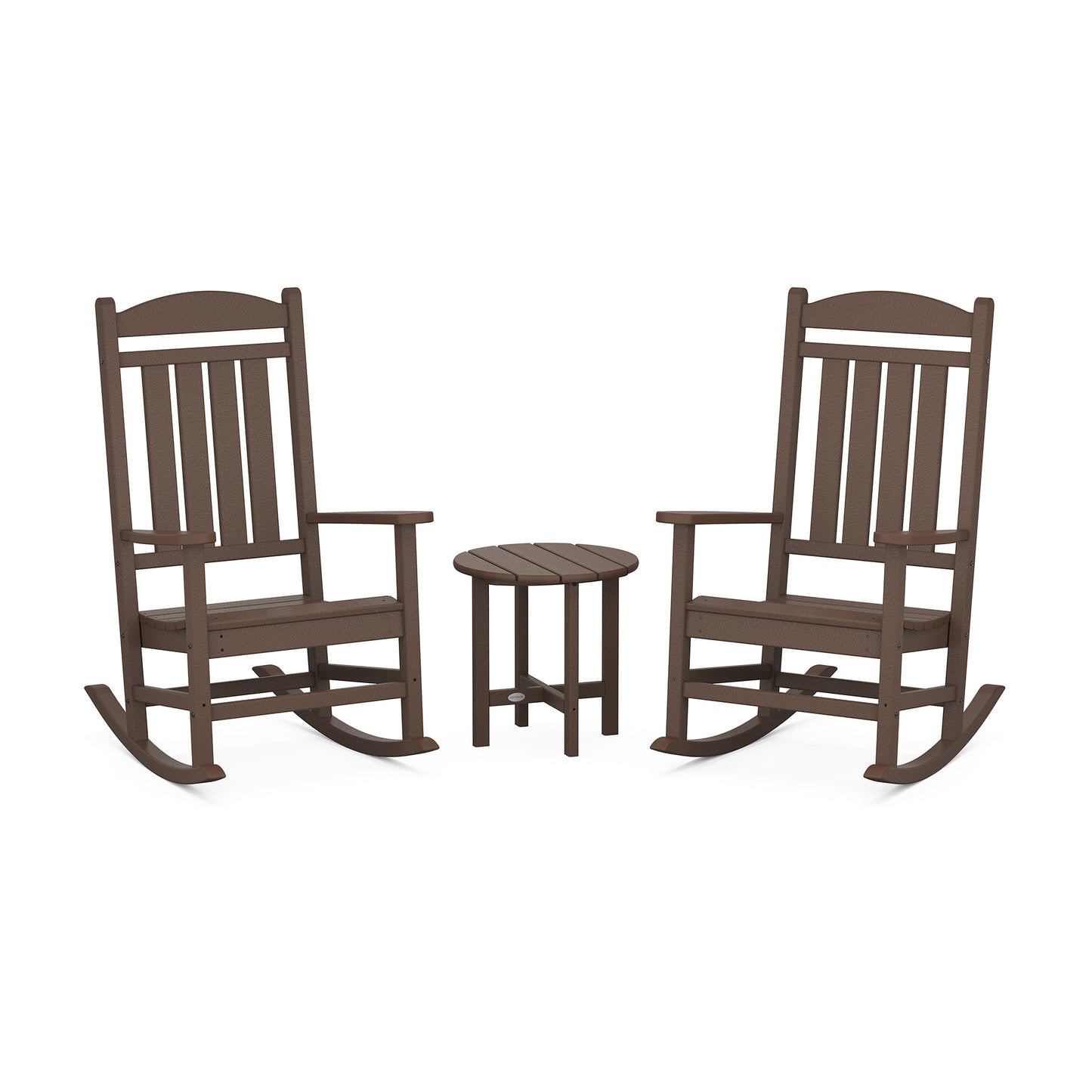 Two brown POLYWOOD Presidential 3-Piece Rocker Sets facing each other with a small round table between them, all set on a plain white background.