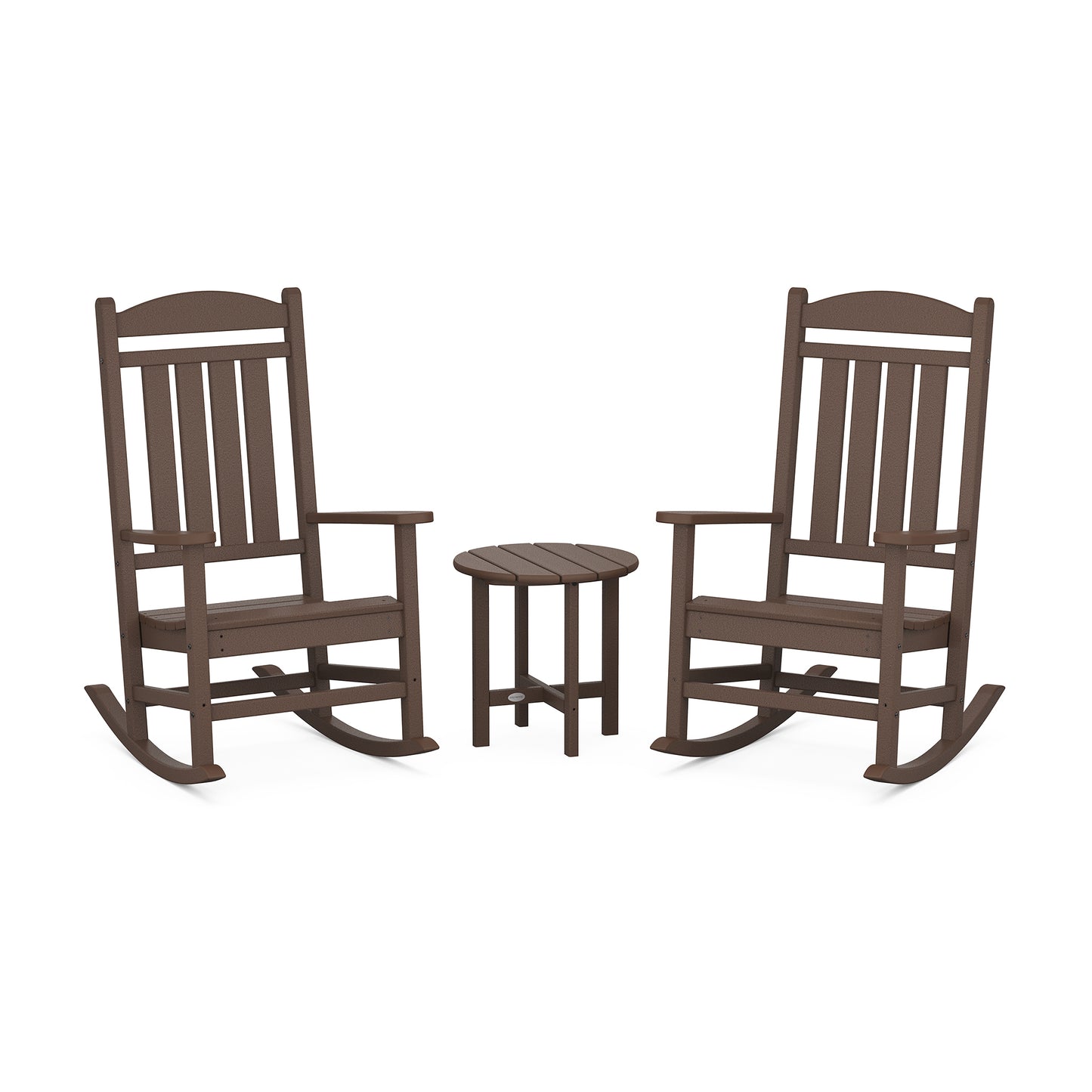Brown wooden outdoor rocking chairs with a small round table from the POLYWOOD Presidential 3-Piece Rocker Set.