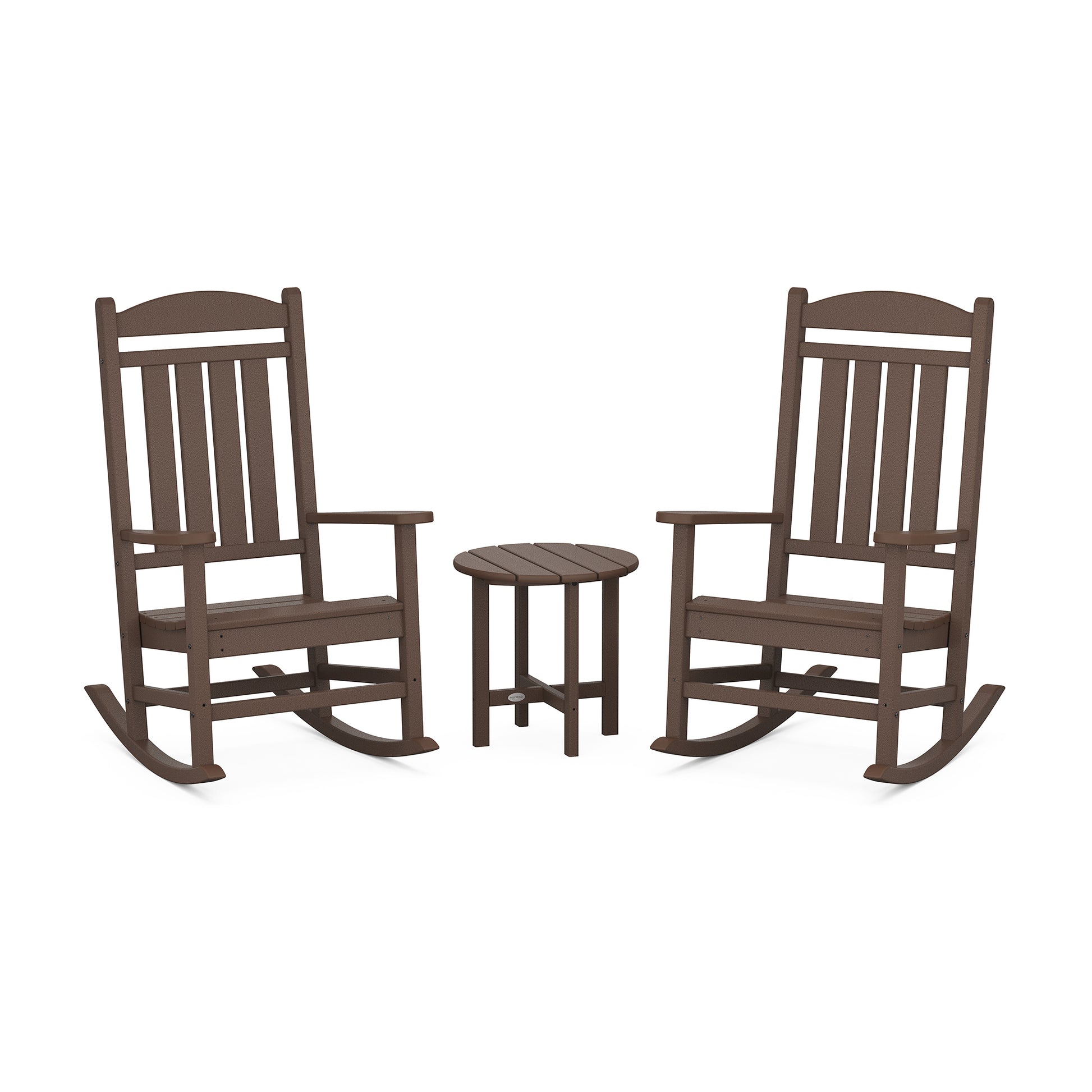 Brown wooden outdoor rocking chairs with a small round table from the POLYWOOD Presidential 3-Piece Rocker Set.