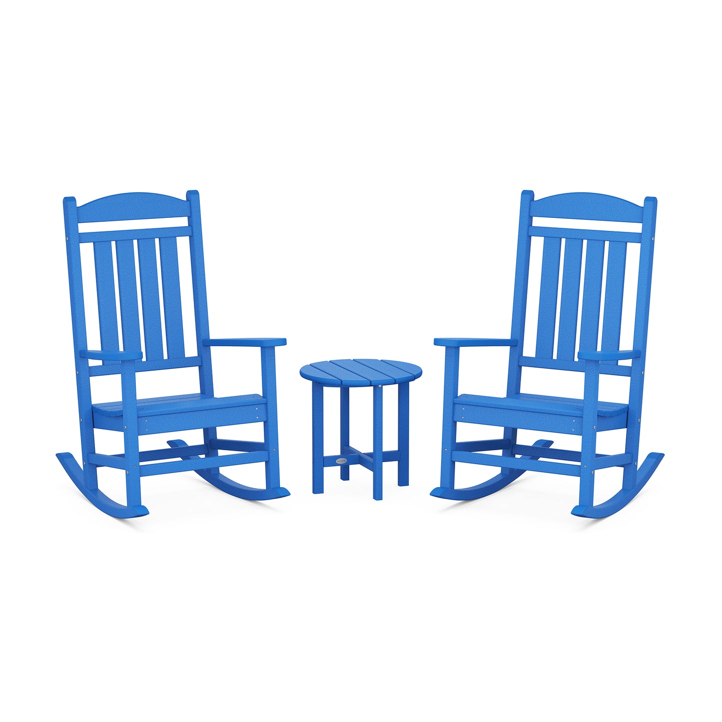 Two blue POLYWOOD slatted-back rocking chairs and a round table crafted from durable POLYWOOD lumber.
