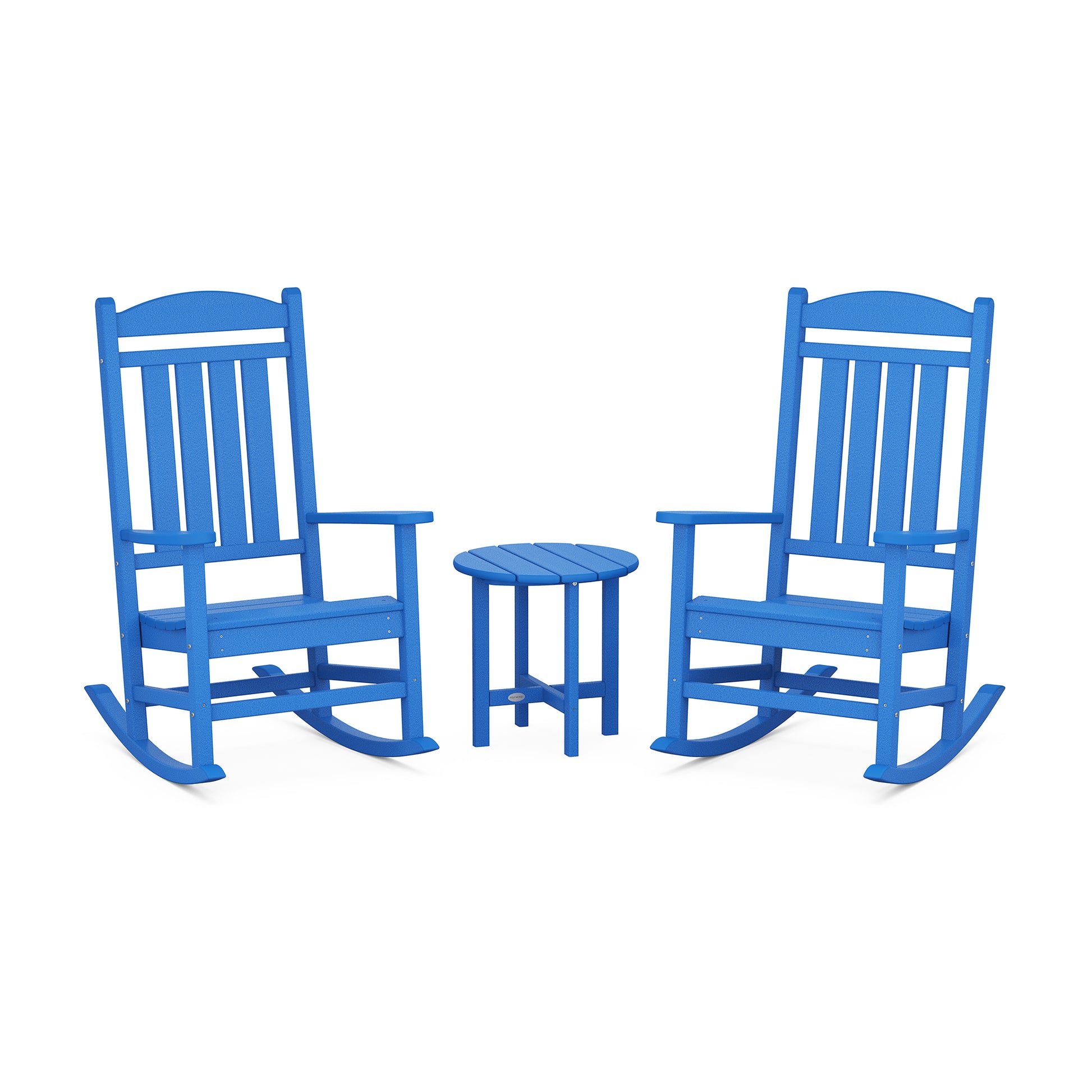 Two blue POLYWOOD slatted-back rocking chairs and a round table crafted from durable POLYWOOD lumber.