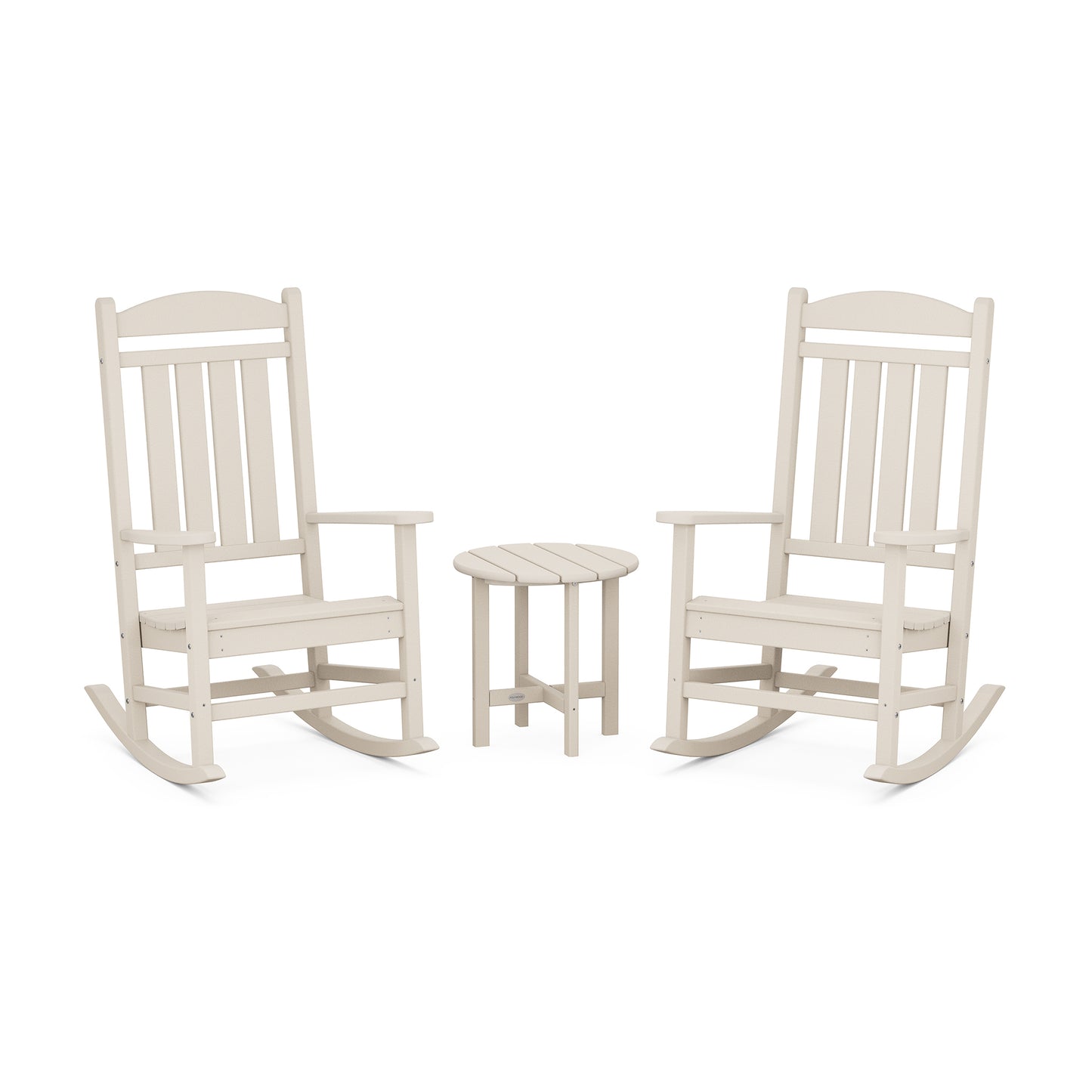 Two white outdoor rocking chairs facing each other with a small matching side table between them, made of durable POLYWOOD lumber, set against a plain white background.