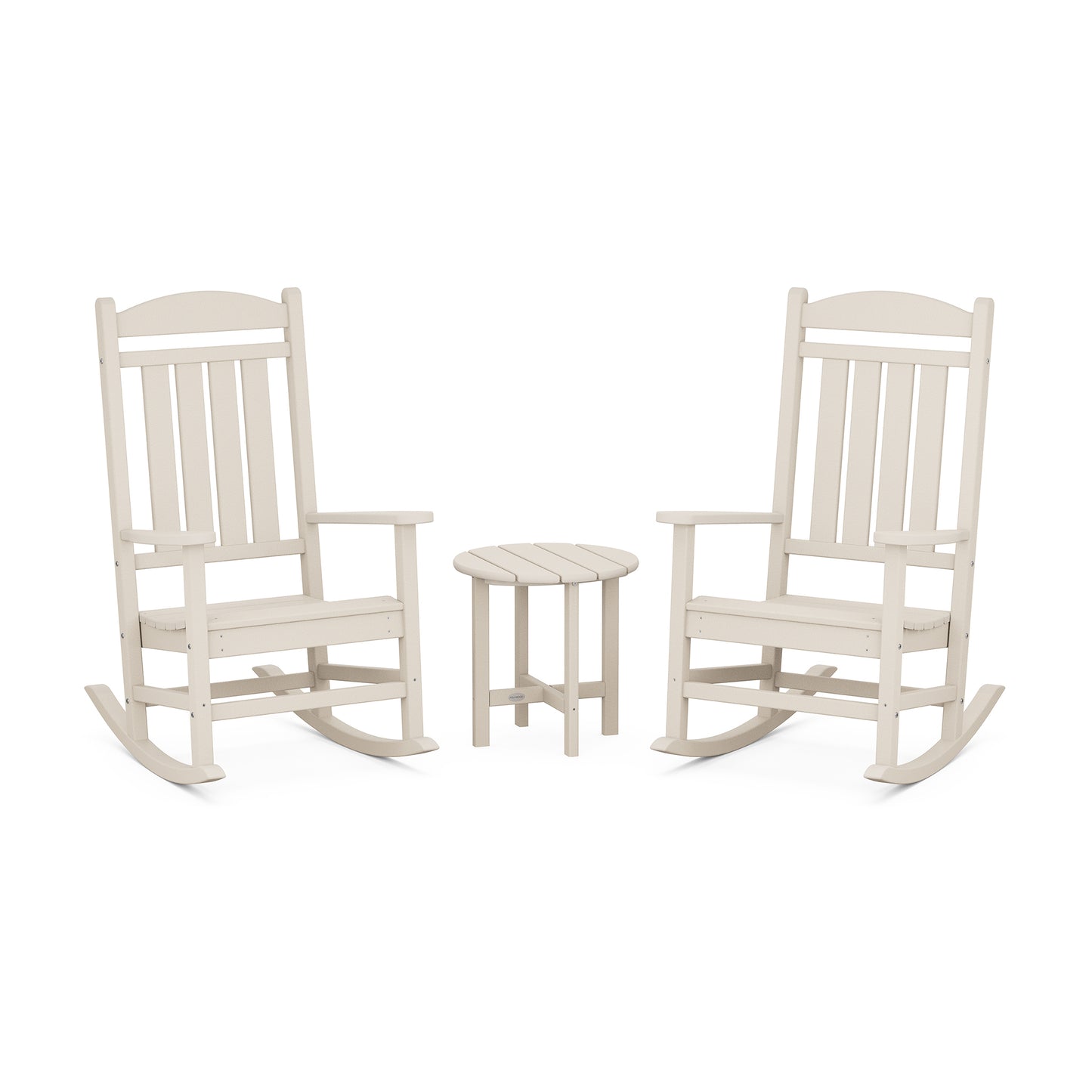 Cream POLYWOOD Presidential 3-Piece Rocker Set featuring two rocking chairs and a small round table.