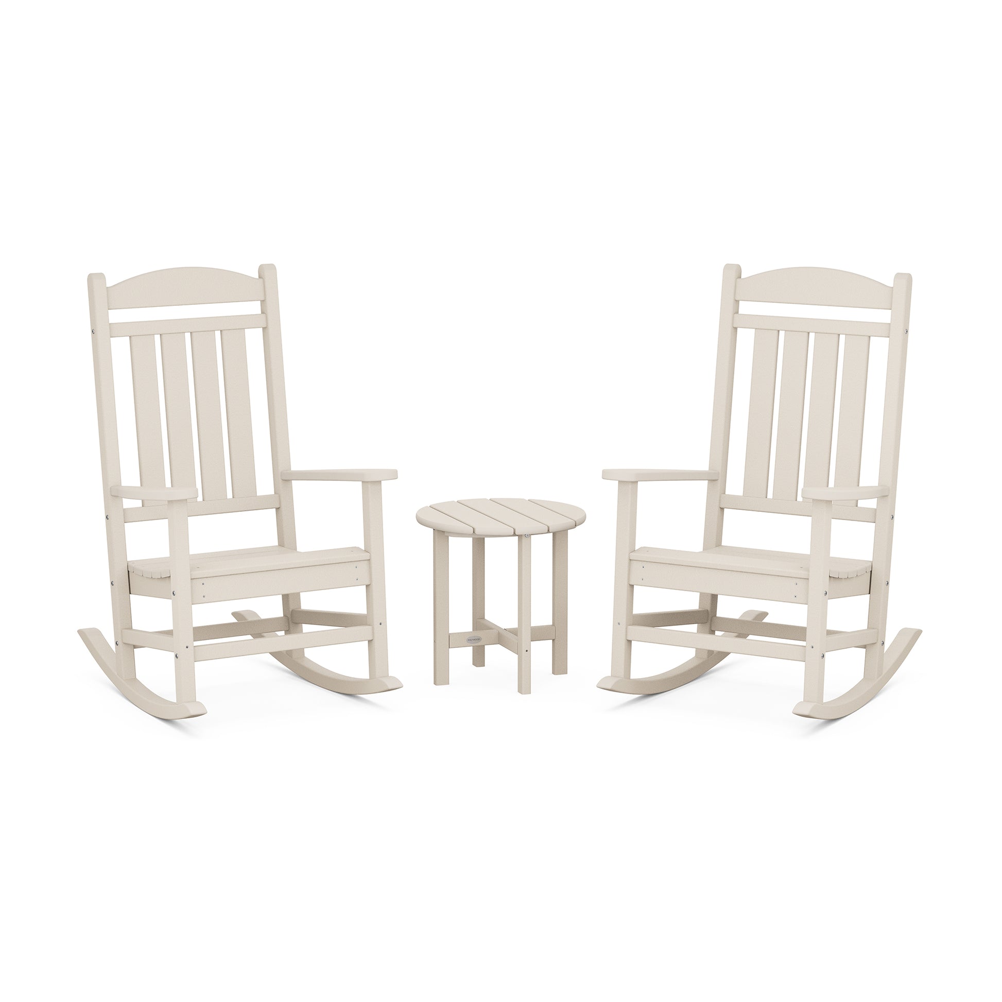 Cream POLYWOOD Presidential 3-Piece Rocker Set featuring two rocking chairs and a small round table.