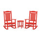 Two red POLYWOOD Presidential 3-Piece Rocker Sets and a small matching table on a plain white background. The chairs are traditional in style with vertical back slats and curved rockers, made from durable POLYWOOD lumber.