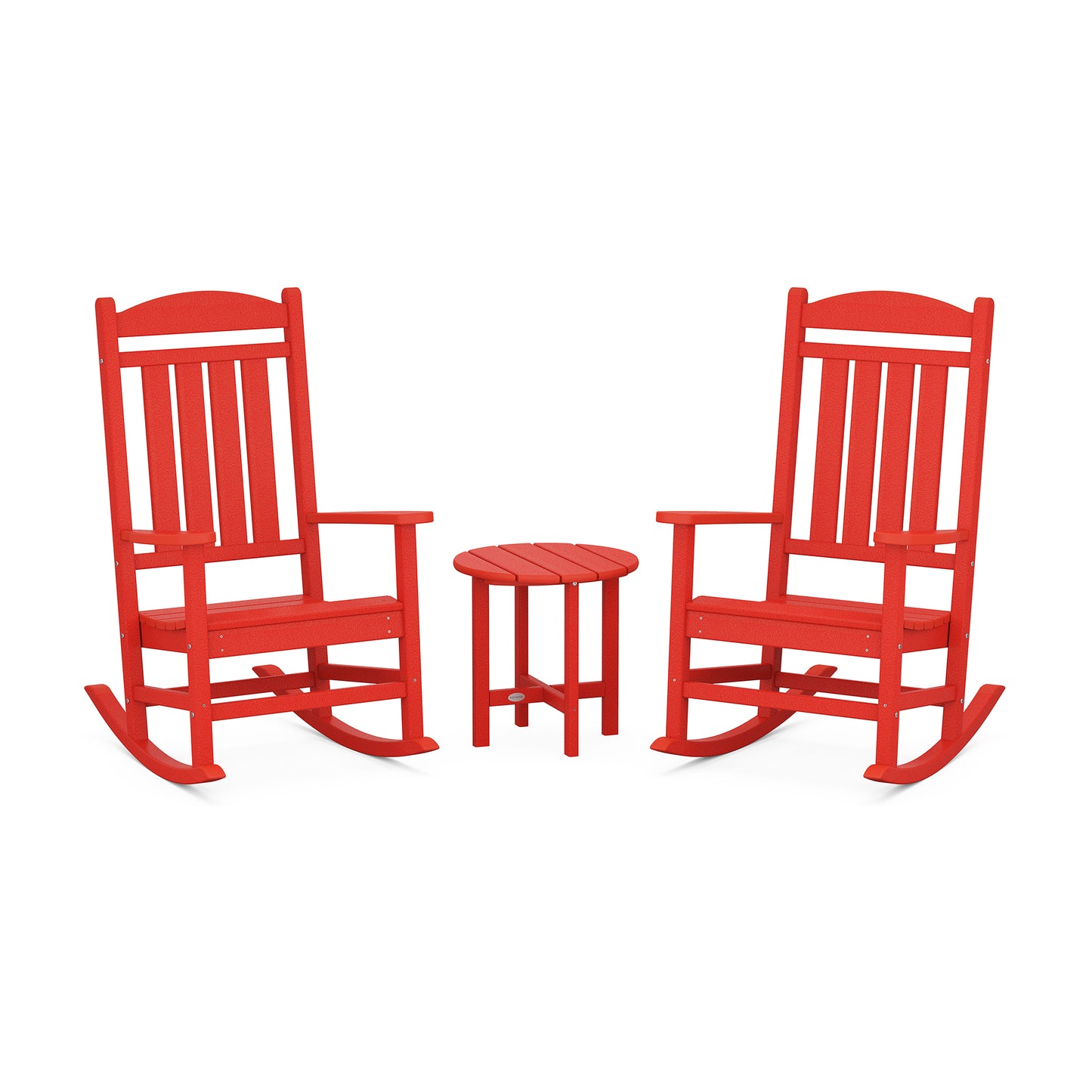 Red POLYWOOD Presidential Rocker Set featuring two wooden rockers and a round side table made from durable POLYWOOD® lumber.