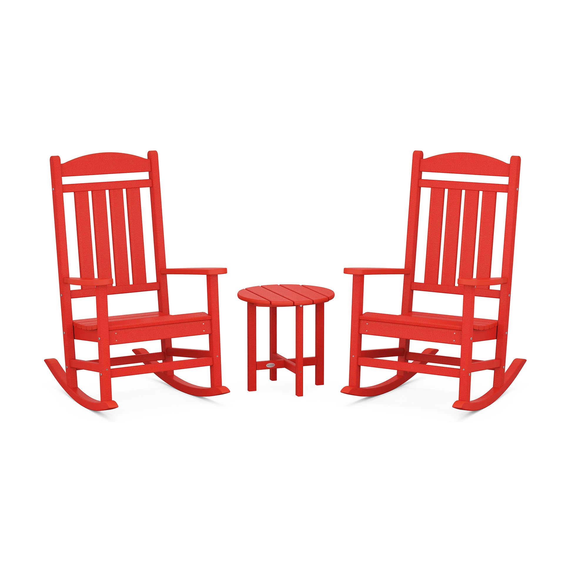 Red POLYWOOD Presidential Rocker Set featuring two wooden rockers and a round side table made from durable POLYWOOD® lumber.