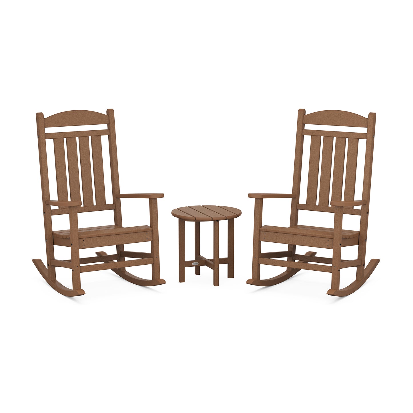 Two brown POLYWOOD Presidential 3-Piece Rocker Sets facing each other with a small round table in between, all set against a plain white background.