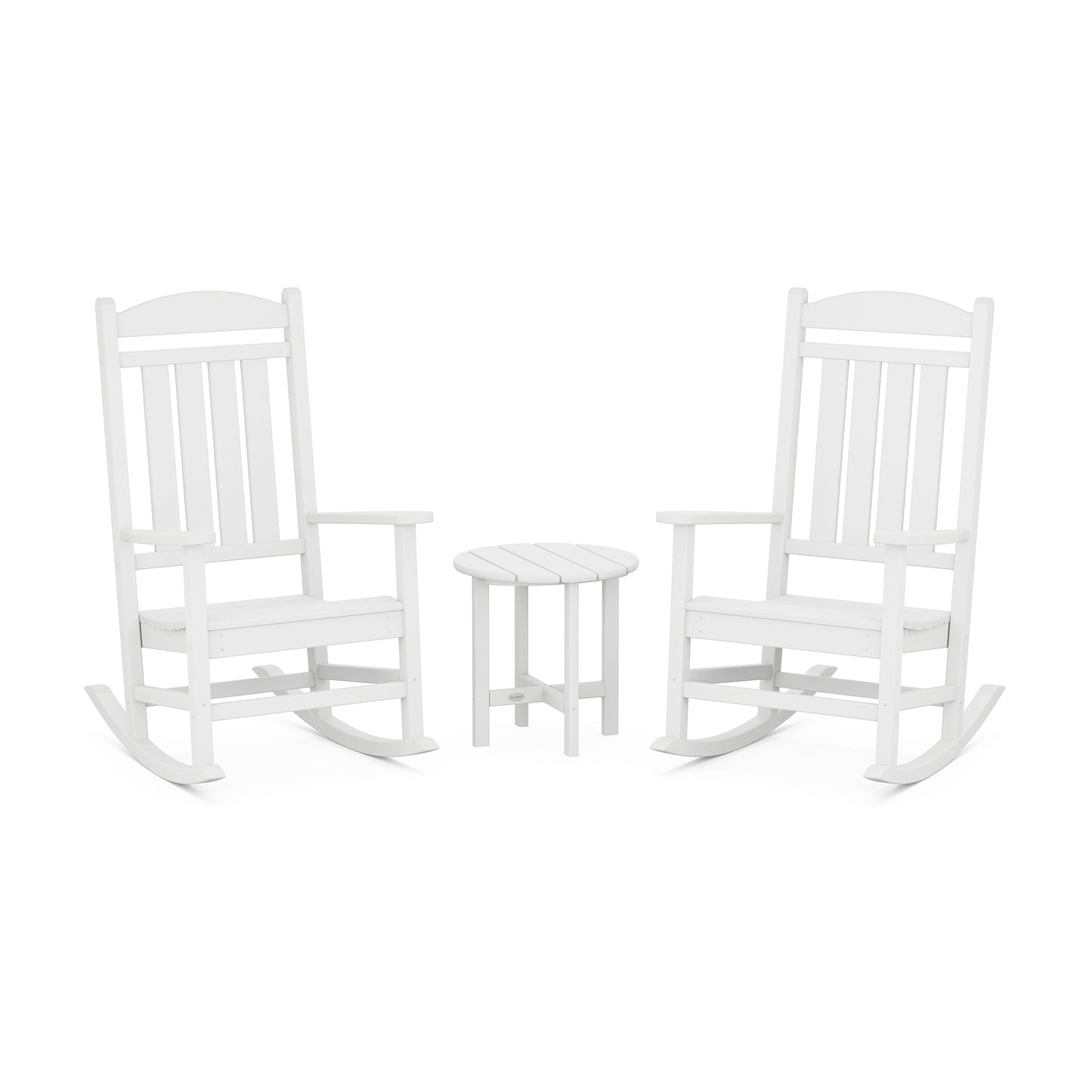 Two white POLYWOOD Presidential 3-Piece Rocker Sets facing each other, with a small round table between them, all set on a plain white background.