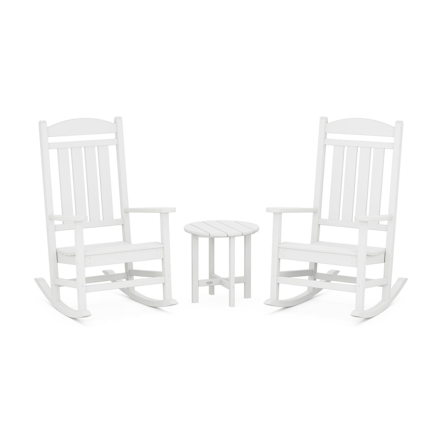 White wooden POLYWOOD Presidential Rocker Set featuring two outdoor rocking chairs and a small round table.
